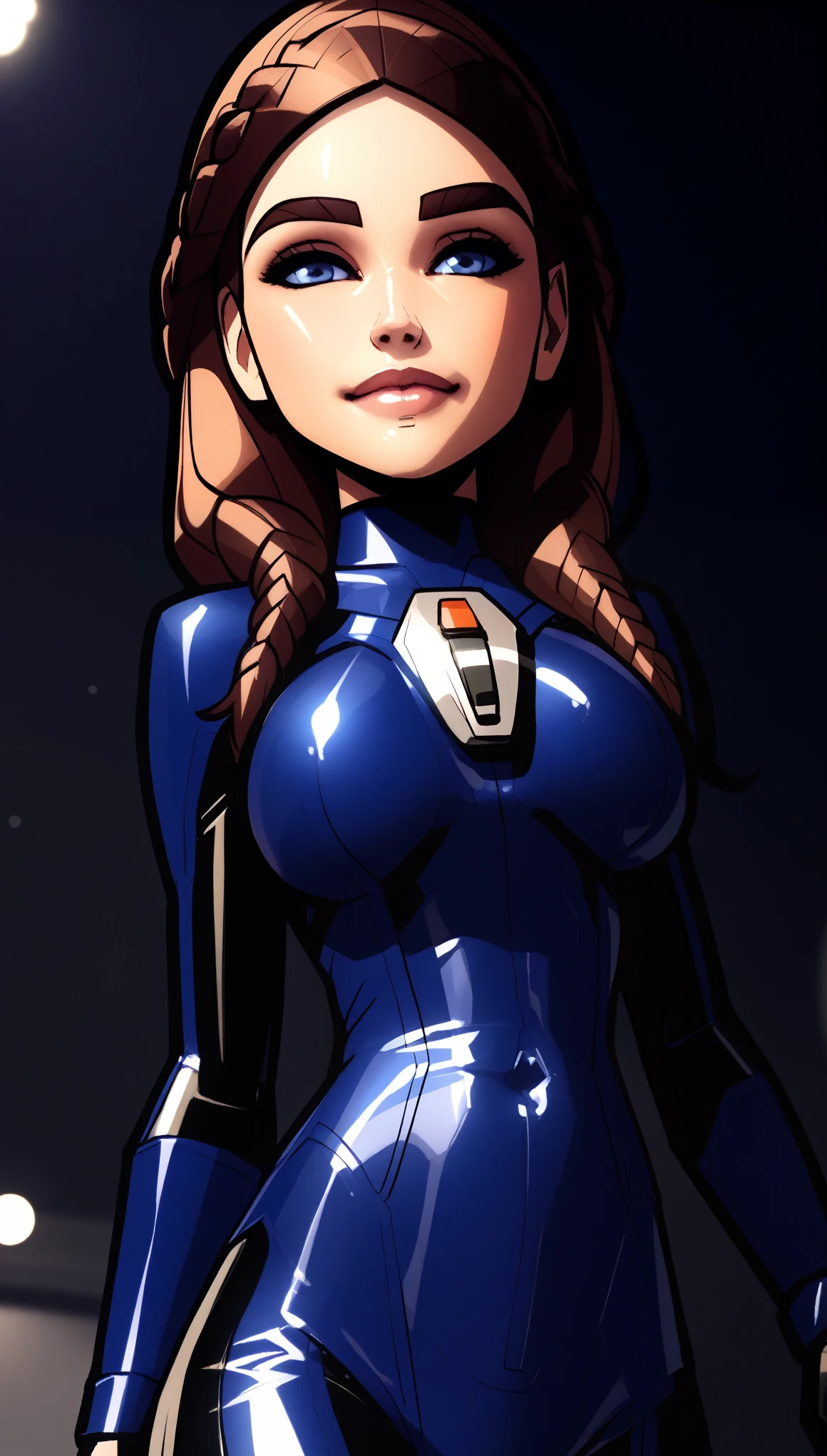 beautiful amazing 3D render, score_9, score_8_up, score_7_up, super low angle, very-tight plugsuit, shiny latex, underangle, intently looking down at viewer, 1girl, Kawaii face, Alia Atreides, very-detailed face, flawless face detail, illustrious, huge breasts, walking, in stride, beautifully-detailed , dark background, particles, glittery bokeh background, backlit, glossy skin, shiny skin, glistening skin, parted lips, natural lips, young female, short body, solo, brown hair, long hair, front-parted hair, hair to the sides, fancy braids, elegant braids, blue eyes, center pupils, lips, leaning-forward suggestively, slightly sinister facial expression, front view, in the style of David Balsamique,, heavily-outlined, thick lines, dark outline, black outline, dramatic shading, dramatic shadows, short torso, short midriff, superb underlighting, lighting by Thomas Kinkade, plotting, snobby, snooty, proud, malicious, hopeful, best of the best, Face slightly like Jennifer Lawrence, high-tech suit, focus on making her eyes stand-out and make them very-very-beautiful. alluring, a certain allure, the prettiest eyes, just enlisted, futuristic military, above-lit, light shining down, godrays,
