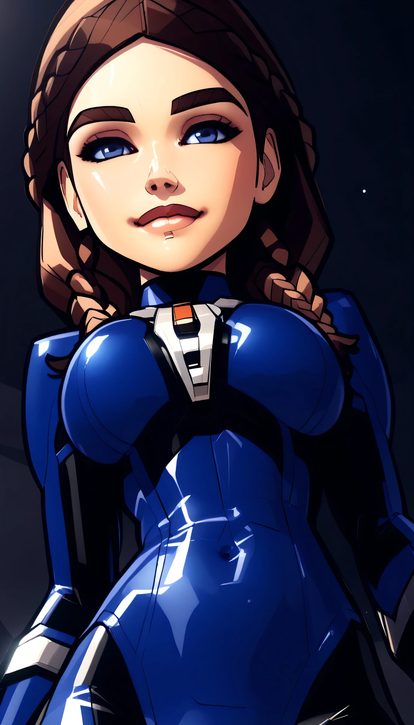 beautiful amazing 3D render, score_9, score_8_up, score_7_up, super low angle, very-tight plugsuit, shiny latex, underangle, intently looking down at viewer, 1girl, Kawaii face, Alia Atreides, very-detailed face, flawless face detail, illustrious, huge breasts, walking, in stride, beautifully-detailed , dark background, particles, glittery bokeh background, backlit, glossy skin, shiny skin, glistening skin, parted lips, natural lips, young female, short body, solo, brown hair, long hair, front-parted hair, hair to the sides, fancy braids, elegant braids, blue eyes, center pupils, lips, leaning-forward suggestively, slightly sinister facial expression, front view, in the style of David Balsamique,, heavily-outlined, thick lines, dark outline, black outline, dramatic shading, dramatic shadows, short torso, short midriff, superb underlighting, lighting by Thomas Kinkade, plotting, snobby, snooty, proud, malicious, hopeful, best of the best, Face slightly like Jennifer Lawrence, high-tech suit, focus on making her eyes stand-out and make them very-very-beautiful. alluring, a certain allure, the prettiest eyes, just enlisted, futuristic military, above-lit, light shining down, godrays, warm tones, miltary facility, Tank bunker,