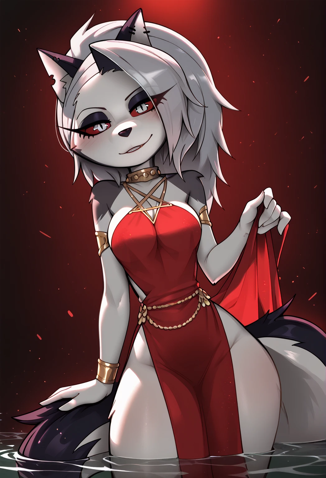 Loona, hellhound, sexy navel, sexy skinny body, demon bellydancer, red dress, red shirt, red gloves, jewelry, bloody moon, seductive belly dancing, stading on floor, hips shaking, hell palace, arms above head,