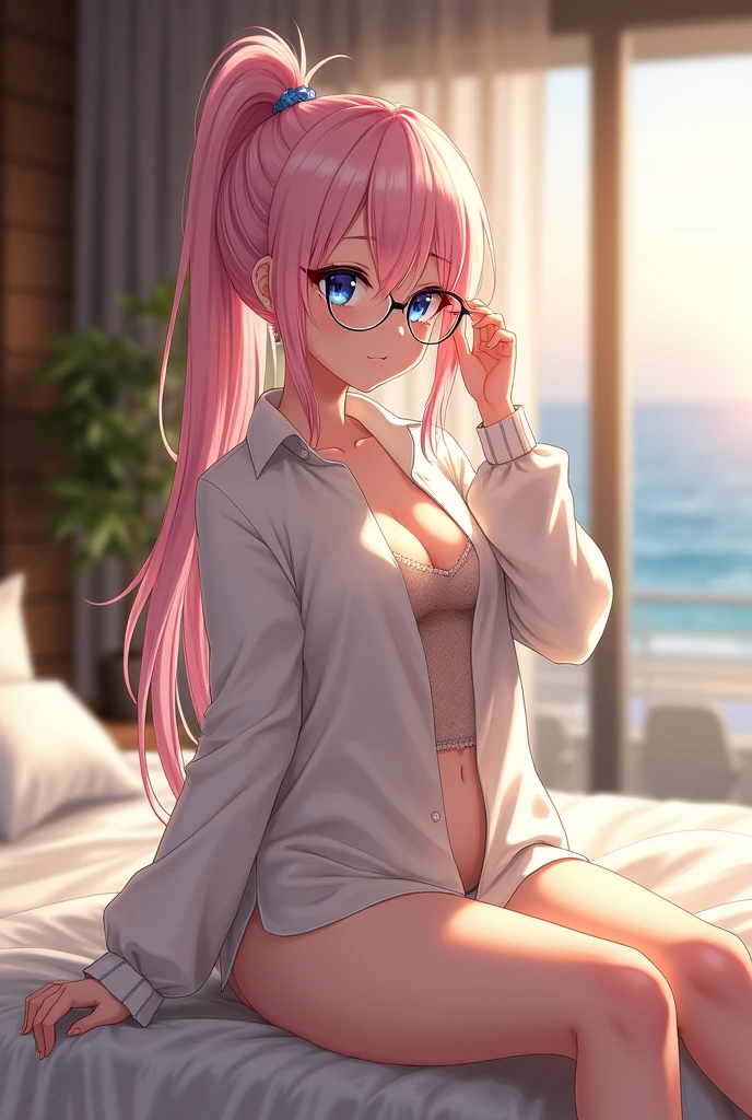 blush, cleavage,glowing aura, natural light, masterpiece, glossy skin, juicy lips ,long hair, cute, kawaii, adorable, kawaii clothes,random hair style,sexy, hot, , random expression, blonde hair, ((pink highlights in hair)), pink eyes, purple bunny ears, bonfie,glasses, pigtails and braids, bright pink eyes, , juicy lips, bimbo, hour glass, smile ,big lips,