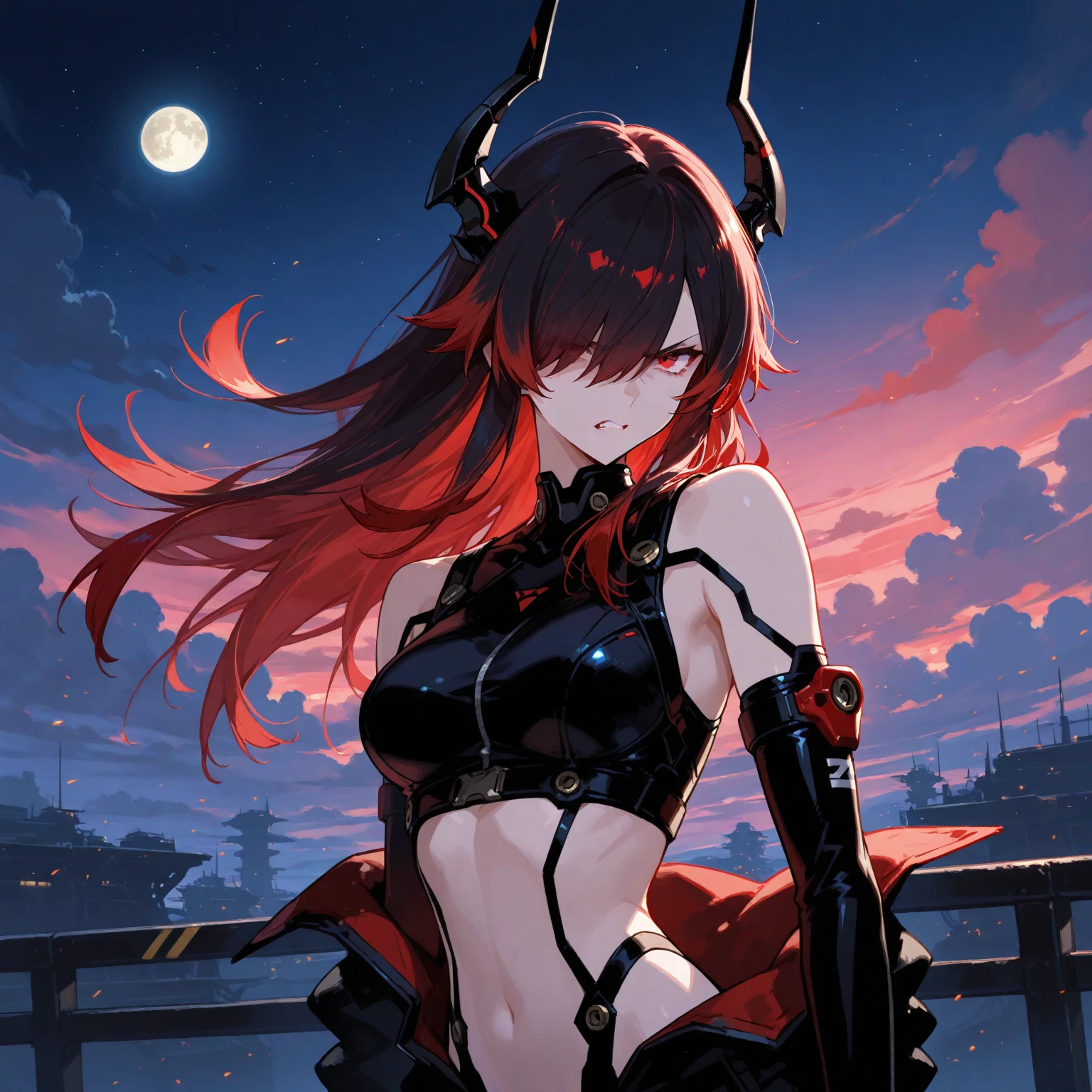 ((((Obra maestra, La mejor calidad, ultrahigh resolution)))), 1girl, standing,), ((long pure red hair, hair over eye)), long hair cut, shiny skin, ((golden eyes)), glowing_eyes, neon eyes, (ultra detailed eyes:0.7, beautiful and detailed face, detailed eyes:0.9), ((centered)), smirk, facing viewer, ((vibrant background, dark lighting, summer, sunlight)), large chested, looking at viewer, ((half closed eyes)), ((perfect hands)), (((head:1, arms, hips in view, elbows, in view))), ((hands behind back)), empty eyes, beautiful lighting, ((outside, outdoors)), defined subject, head tilt, (((gritty)), ((creepy)), ((cool)), ((beautiful)), (((SFW))), horns, hair ornament, petals in the air, moon in the sky
