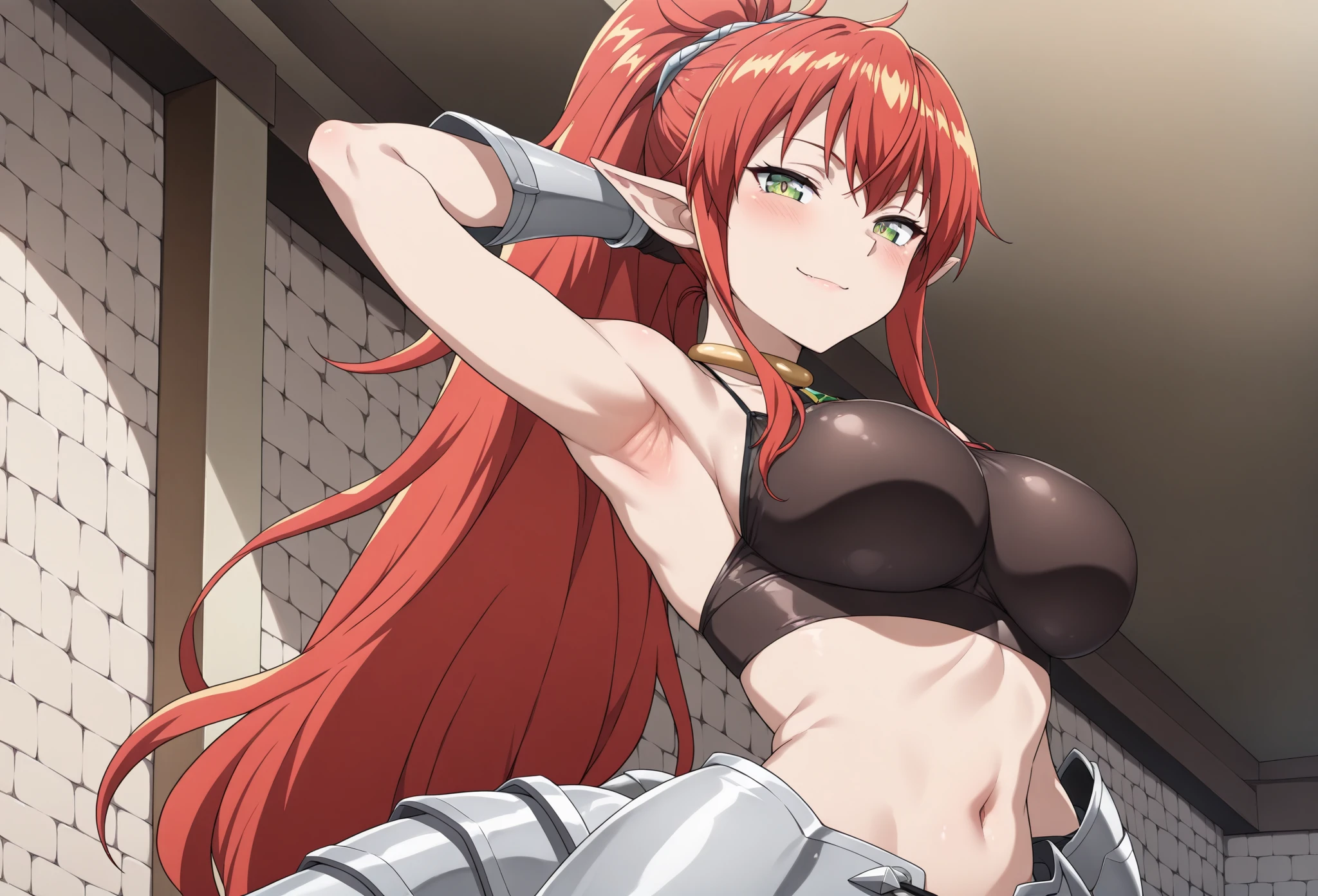 masterpiece, best quality, 1girl, solo  <lora:jishuka-nvwls-v1:0.8> jishuka, sidelocks, popped collar, red crop top, underboob, cleavage cutout, torn pants, single gauntlet, asymmetrical legwear, sitting, looking at viewer, chair, table, tavern, confused