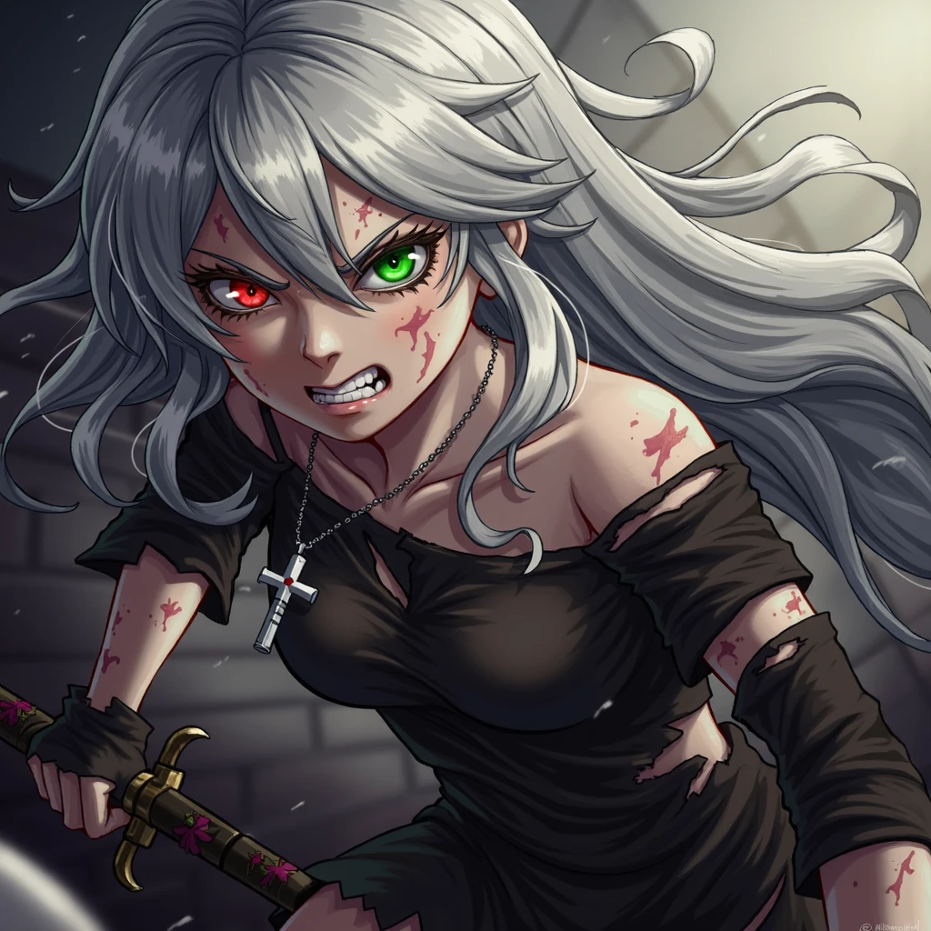 (masterpiece, best quality), 1milf, solo, licking blade, bags under eyes, eyeliner, long eyelashes, expressionless, wavy hair, lipstick, parted lips, hoop earrings, red eyes, white hair, multicolored hair, blood on face, (blood on clothes, blood splatter, blood on hands:0.8), shiny hair, blood on knife, holding combat knife, perfecteyes eyes, photo of perfecteyes eyes