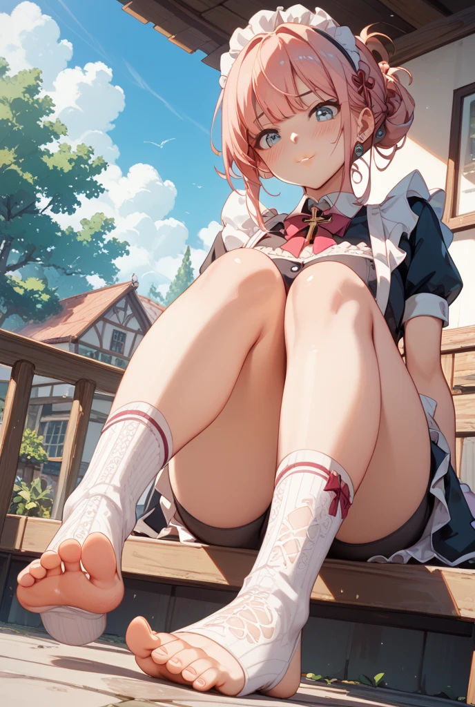 Masterpiece to the smallest detail、top-quality、girl with、17 age、独奏、Looks like 12 years old、150cm petite beautiful girl、small tits、a baby face、red hairs、Gradient bob in the forward、Pink and violet mesh、red eyes、Red eyes、Tall, big eyes、Outstanding looks、A lovely child、proximity、closed_mouth、a smile、red blush、full of shyness、blue headwear、Hats、pink bowtie、校服、 Blue jacket、jaket、skirt by the、Gray skirt shirt、white shirt、an legs、Black socks、sitting on、Classroom、hair_ornament、looking_at_viewer、beatiful detailed eyes、Akame、panties on、lift up one's skirt、Professional effects、