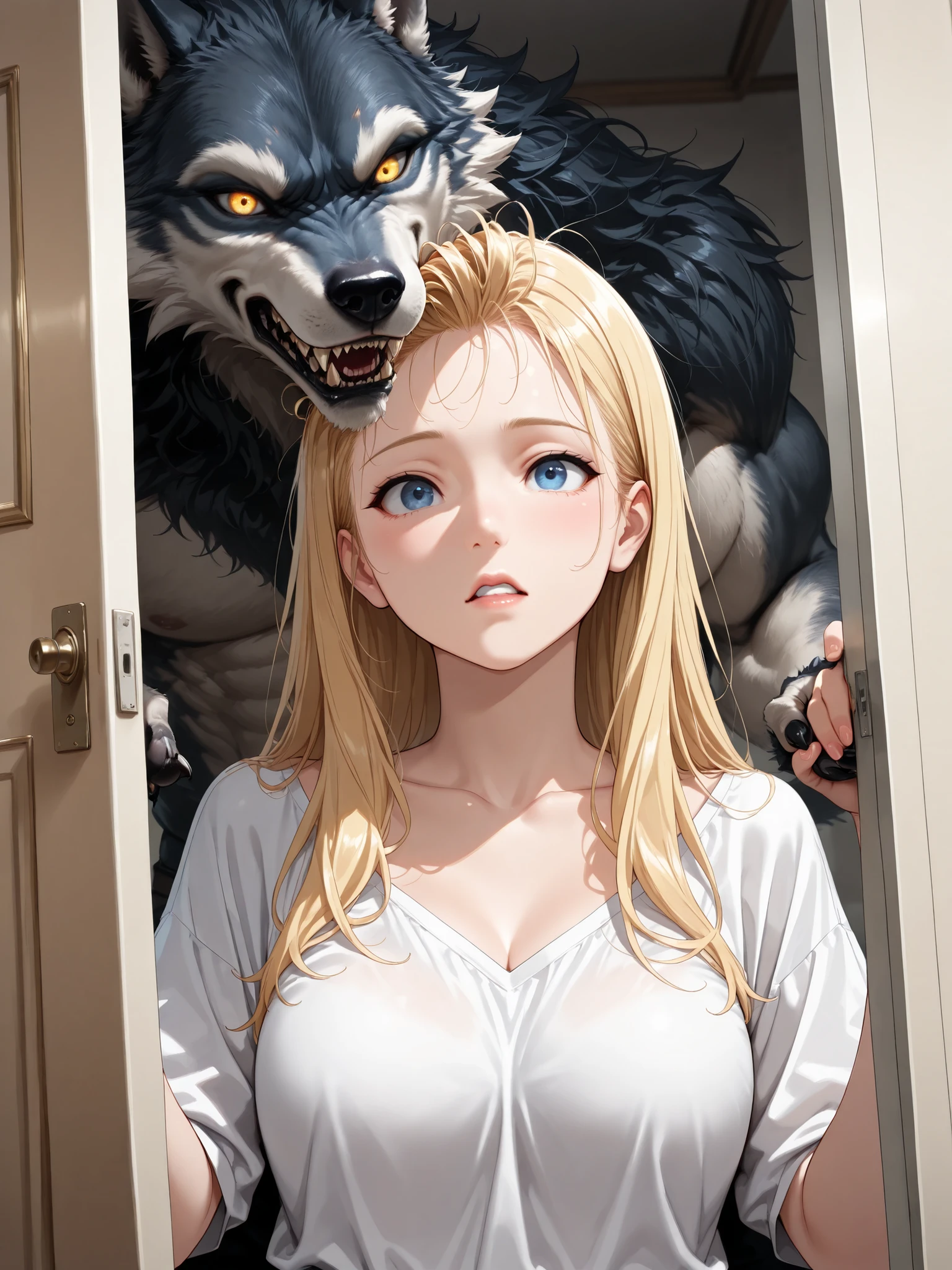 young, very attractive blond woman with beautiful blue eyes pulling her hair with both hands, 両手で髪を引っ張っている, Her expression is scary, with room in the background , Cartoon-style picture , ((Best Quality)),( super high definition),(Super detailed),( detailed description ),((The best CG)),(masterpiece),solo,werewolf,realistic,dim light
