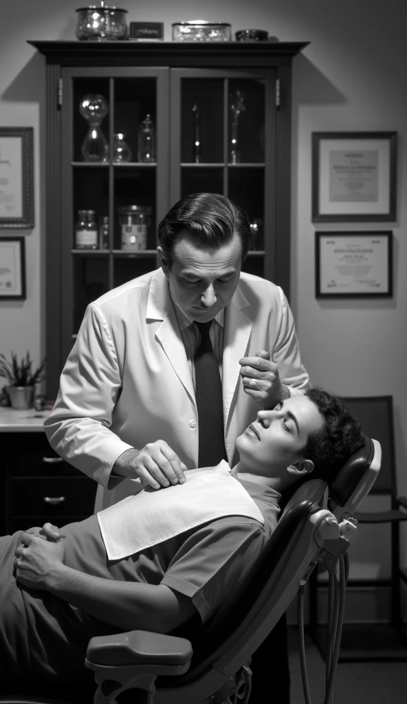 a dentist from the 1940s treating a patient in his office, black and white image from the 1940s