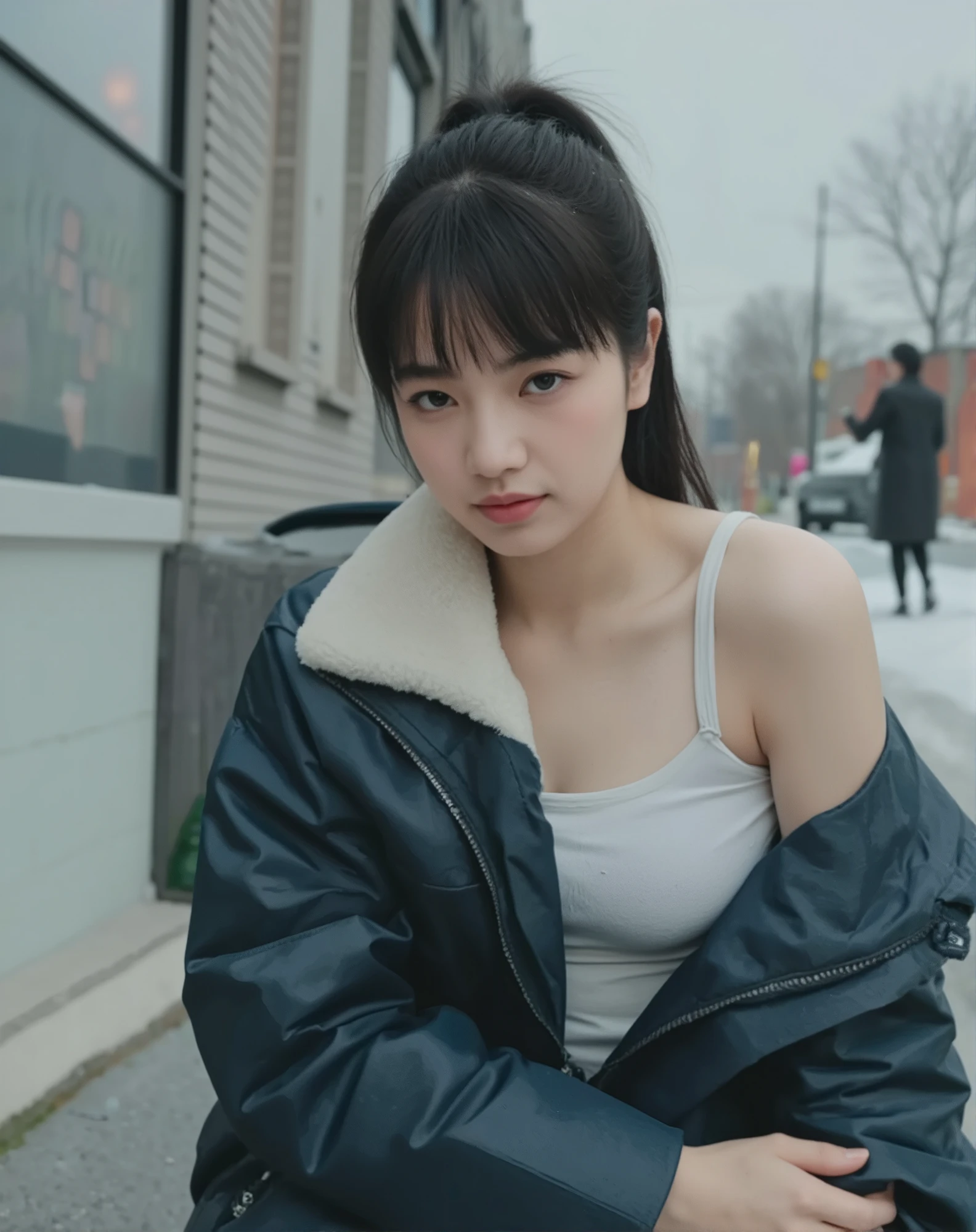 (mature adult woman wearing a leotard1By people),beautiful black hair,With bangs,(((ponytail))),((long hair)), realistic person images in dark waters,Realism,best quality,mastepeice,best quality,Max Video Quality,highest resolution,FINE DETAILS,Beautiful detailed face,black eyes,((realistic skin)),detailed background,( Exact Upper Body),(perfect upper body),(upper body),((Realismのある肌)),(smiles),((((super big )))),(((((I'm wearing a duffle coat))))),((((is wearing warm clothing)))),(((((I'm staring at me near the snowy downtown area))))),(((((that looks at me close to))))),(((((Snowy Outdoors))))),(((((Snowy City ))))),((((highlight your upper body and look at me up)))),(((walking))),(((((sweater))))),((((She wears jeans )))),((( dead trees))),