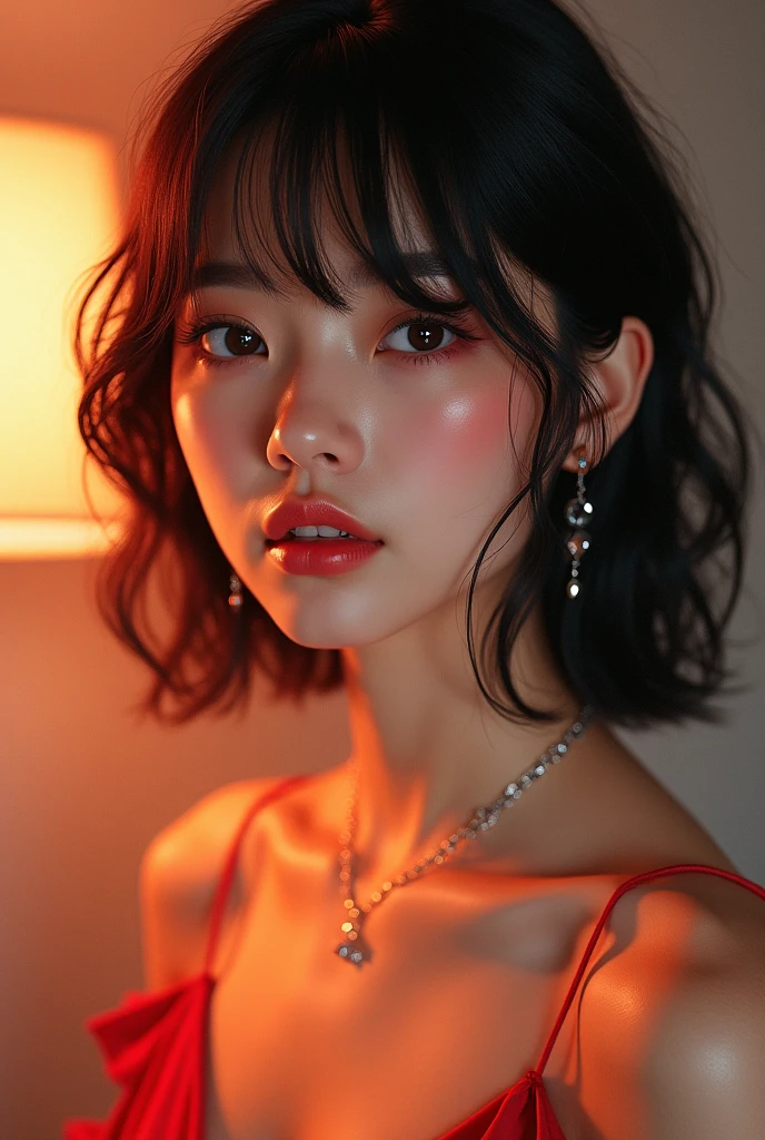 Highly detailed CG Unity 8k wallpaper, top quality, super detailed, masterpiece, 1. Beautiful girl in night club, close up of face, looking directly in camera, realistic, photorealistic, highly detailed cute girl, 20 years old, ((black hair: 1.4)), ((dyed black)), (gal), round eyes, a detailed face, Studio light, Professional lighting, (beautifully detailed eyelush, parted lips, semi-body shot, (nice dress for night club), ,short hair,
