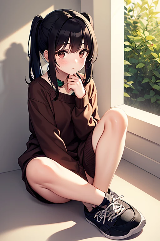 Anime Style, Super precise illustration, Very detailed, beautiful, 8K,1 cute girl,(cute:1.3),Black Hair,short straight bangs, smile,Red eyes, stylish, Trendy clothes,(Spotted sunlight:1.2),Blurred,(Written boundary depth:1.1),Tilt your head,Squat,Large breasts,{best quality}, {very aesthetic}, {ultra-detailed}, {best illustration}, girl, nsfw, large breasts,
