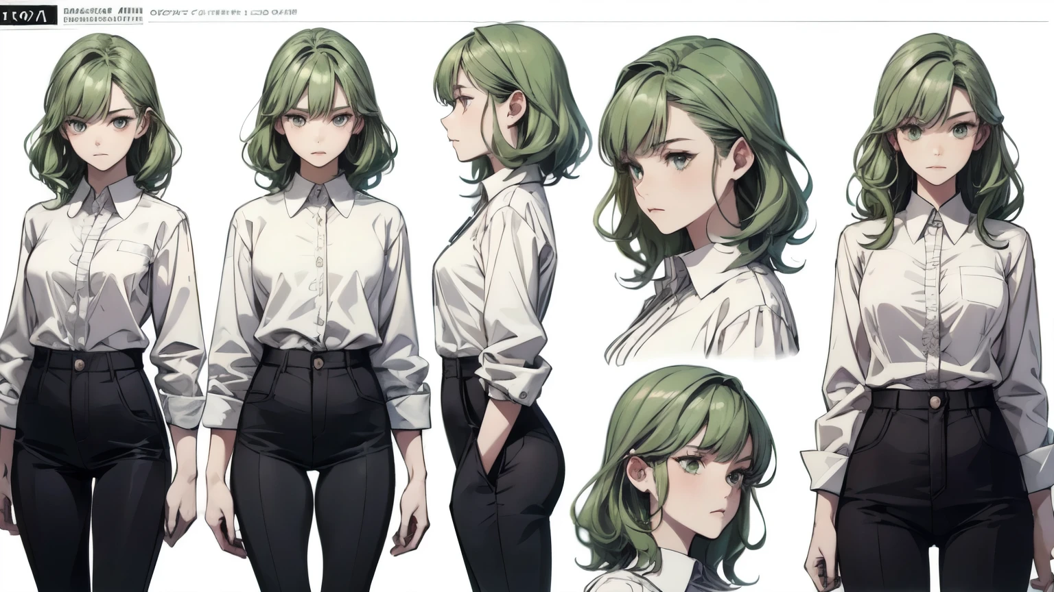 (character sheet: 1.2) adult woman with short wavy green hair, serious face, she's wearing unbotton white shirt, black pants, relaxed. (masterpiece , High resolution: 1 . 4) , detailed , Intricate details , 4K , Line art , HD, 4k, (white background)