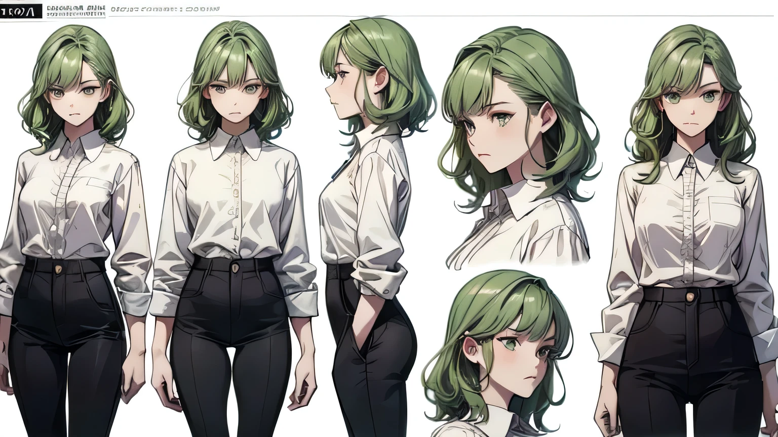 (character sheet: 1.2) adult woman with short wavy green hair, serious face, she's wearing unbotton white shirt, black pants, relaxed. (masterpiece , High resolution: 1 . 4) , detailed , Intricate details , 4K , Line art , HD, 4k, (white background)