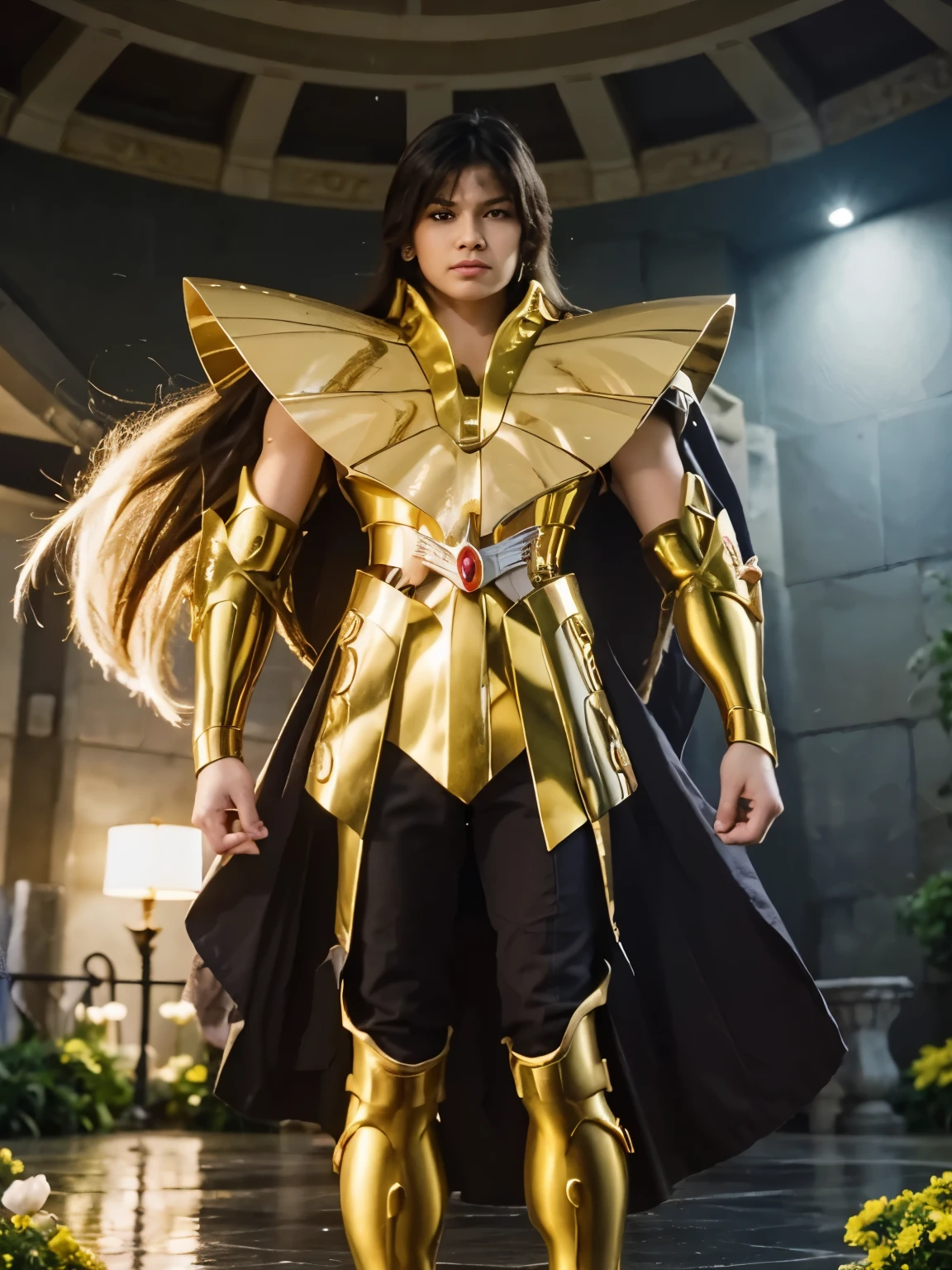 um homem, Men's details, Saint Seiya's Virgin Shaka , obra-prima, Better Quality, glowing in highly detailed RAW colors Photo, sharp focus, high definition 8k resolution, Short Black Hair, man wearing gold armor , black hair, Leg armor, shoulder armor, yellow armor, reflection in the armor , shiny armor, pele branca, kind smile, in an open and well lit Coliseum with Greek pillars and (garden with flowers:1.1), Virgo Armor , standing straight, sacralidade, paisagem, brilhante, posing in a brilhante Coliseum with Greek pillars, contour lighting (1.4), two-tone lighting with soft highlights, octano, Irreal, well lit, aura of wisdom . he is serious, in an imposing way. Corpo forte, corpo plus size.