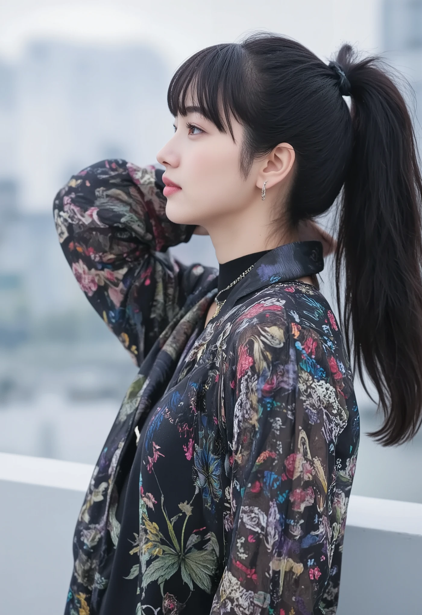 (mature adult woman wearing a leotard１By people),beautiful black hair,With bangs,(((ponytail))),((long hair)), realistic person images in dark waters,Realism,best quality,mastepeice,best quality,Max Video Quality,highest resolution,FINE DETAILS,Beautiful detailed face,black eyes,((realistic skin)),detailed background,( Exact Upper Body),(perfect upper body),(upper body),((Realismのある肌)),(smiles),((((super big )))),(((((I'm wearing a duffle coat))))),((((is wearing warm clothing)))),(((((I'm staring at me near the snowy downtown area))))),(((((that looks at me close to))))),(((((Snowy Outdoors))))),(((((Snowy City ))))),((((highlight your upper body and look at me up)))),(((walking))),(((((sweater))))),((((She wears jeans )))),((( dead trees))),