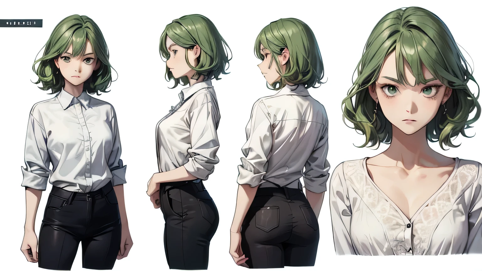 (character sheet: 1.2) adult woman with short wavy green hair, serious face, she's wearing unbotton white shirt, black pants, relaxed. (masterpiece , High resolution: 1 . 4) , detailed , Intricate details , 4K , Line art , HD, 4k, (white background)