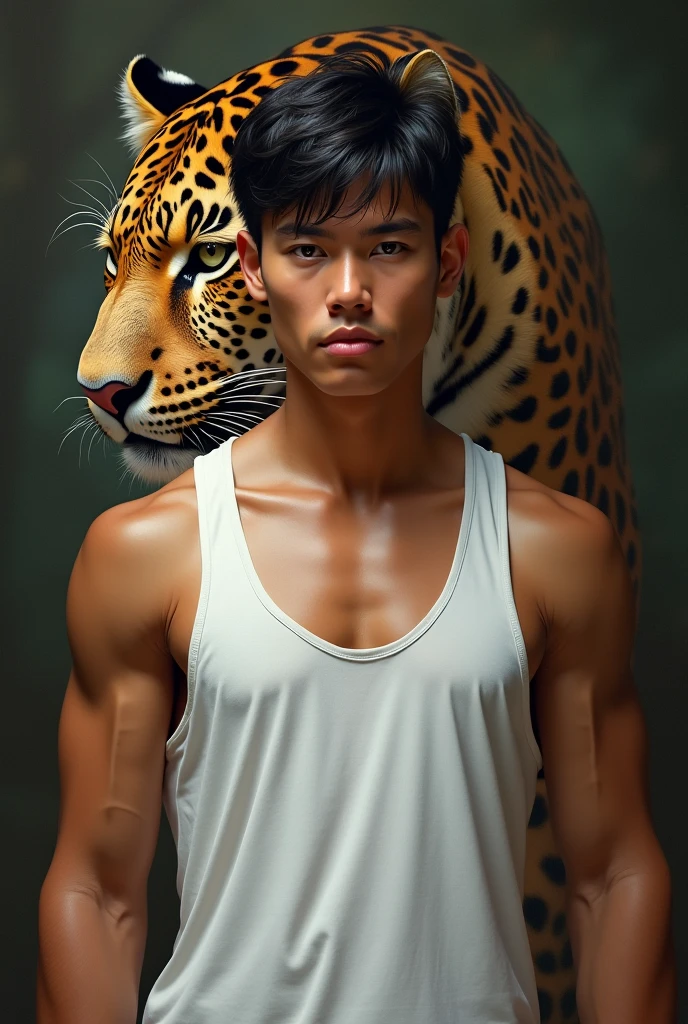 (absurdres, highres, ultra detailed, HDR), masterpiece, best quality, Netflix series Singles Inferno character, a handsome young Korean boy, with short hair, a handsome Korean face, Lip detail, Eyes detail, a Korean hairy man, anime black eyes, dress in camouflage pants shirtless, detailed of tiger tattoo at the arms, scenery deep forest with tiger, detailed of Camouflage pants. a tiger at the back