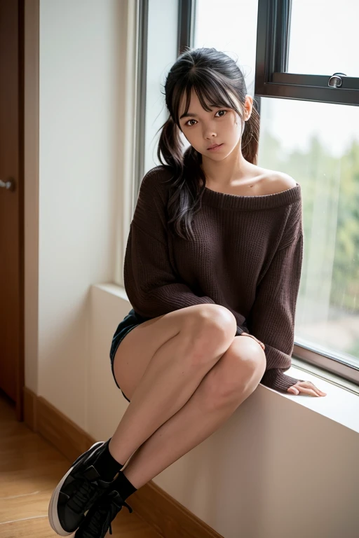 Dark brown hair、Light brown eyes、Japanese actress、 Lady、I am about 40 years old..、(Intricate details:1.2)、(Which one is on top??:1.4)、 (Ultra-high resolution:1.2)、Ultra-high resolution、(Finely tuned)、(Detailed facial features)、Hmph、8K resolution、D cup size breasts、Long Hair、Bright bathroom with sunlight shining in、Large windows、Extravagant space、relax、、,Full body photo、Head to toe shot、Beautiful legs、Summer knitwear、Beautiful legs、A refreshing room filled with sunlight、she, household items, (plant:0.8), Fashion Hub, Extreme Detail, Very detailed, Realistic, Hourglass-shaped body, Obscene pose,、、私 cry a lot、tears、person on the left、White wall、White floor、diagonally from below、Lift your chin、Bend forward and place your butt against the wall、relaxした表情、Pose of Weakness、