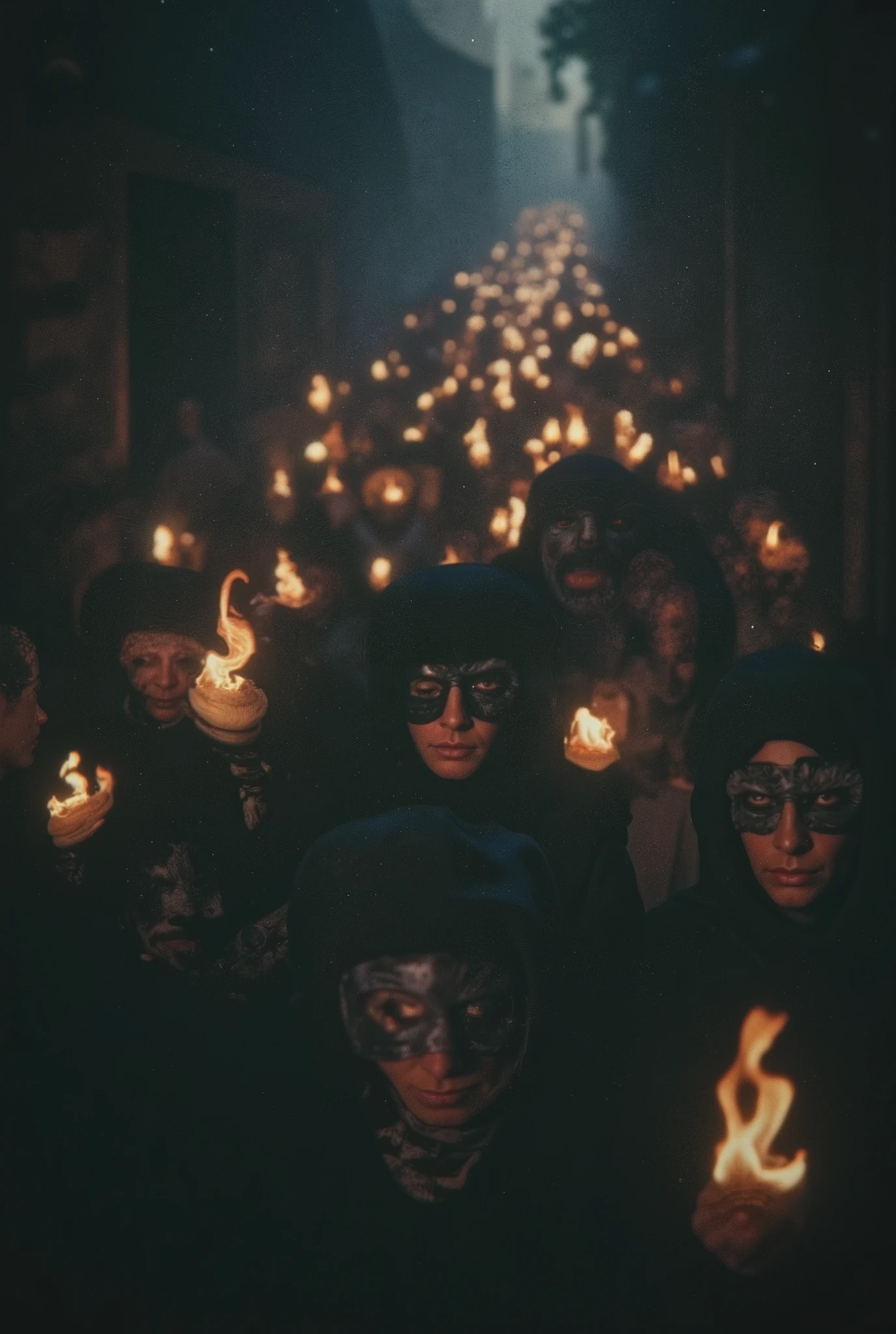 An endless procession of shadow-wrapped pilgrims walking backwards into the darkness of Zugarramurdi, each carrying a flame that does not burn, followed by silent ren with stitched eyes. Hyperrealist, Cinematográfico.