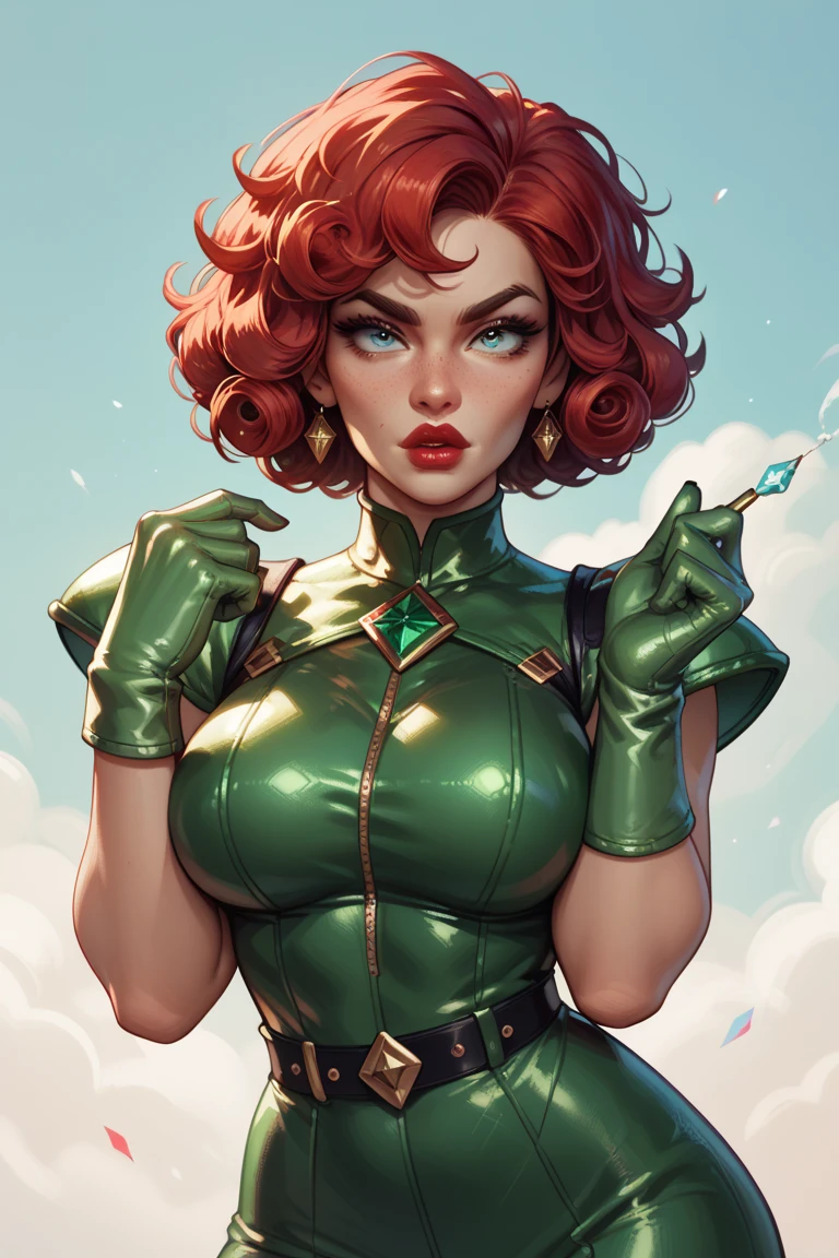 (high-level image quality), (high quality), (high resolution), (detailed), (masterpiece), beautiful woman, ((caucasian)), green eyes, red hair, short hair, dark red lipstick, Detailed face, malicious face, corset,