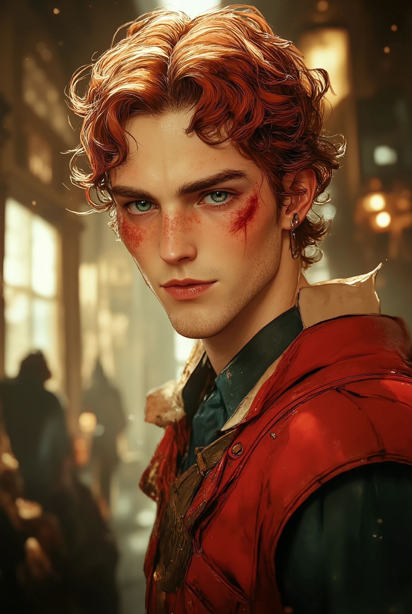curly-haired redhead freckled guy with bright green eyes, Fit, of average height. mischievous look , Cheerful smile. Joker and merry guy.
