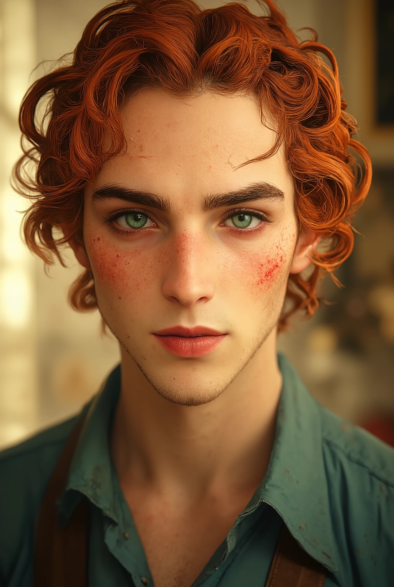 curly-haired redhead freckled guy with bright green eyes, Fit, of average height.  mischievous look , cheerful smile. Joker and merry guy.