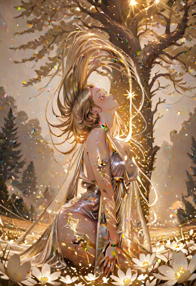 photograph, photorealistic, ultra-realistic, intricately detailed, wide angle, fine fractal glossy vivid colored shiny contours outlines of a glass apple with a ("a glowing golden flying female fairy uses her wand to transform a tree to solid gold.") inside, surreal, gradient, windy, petals floating on the wind, swirling ribbons of ink and light. linquivera, liiv1. --v6 --s1000 --c20 --q5 --chaos100