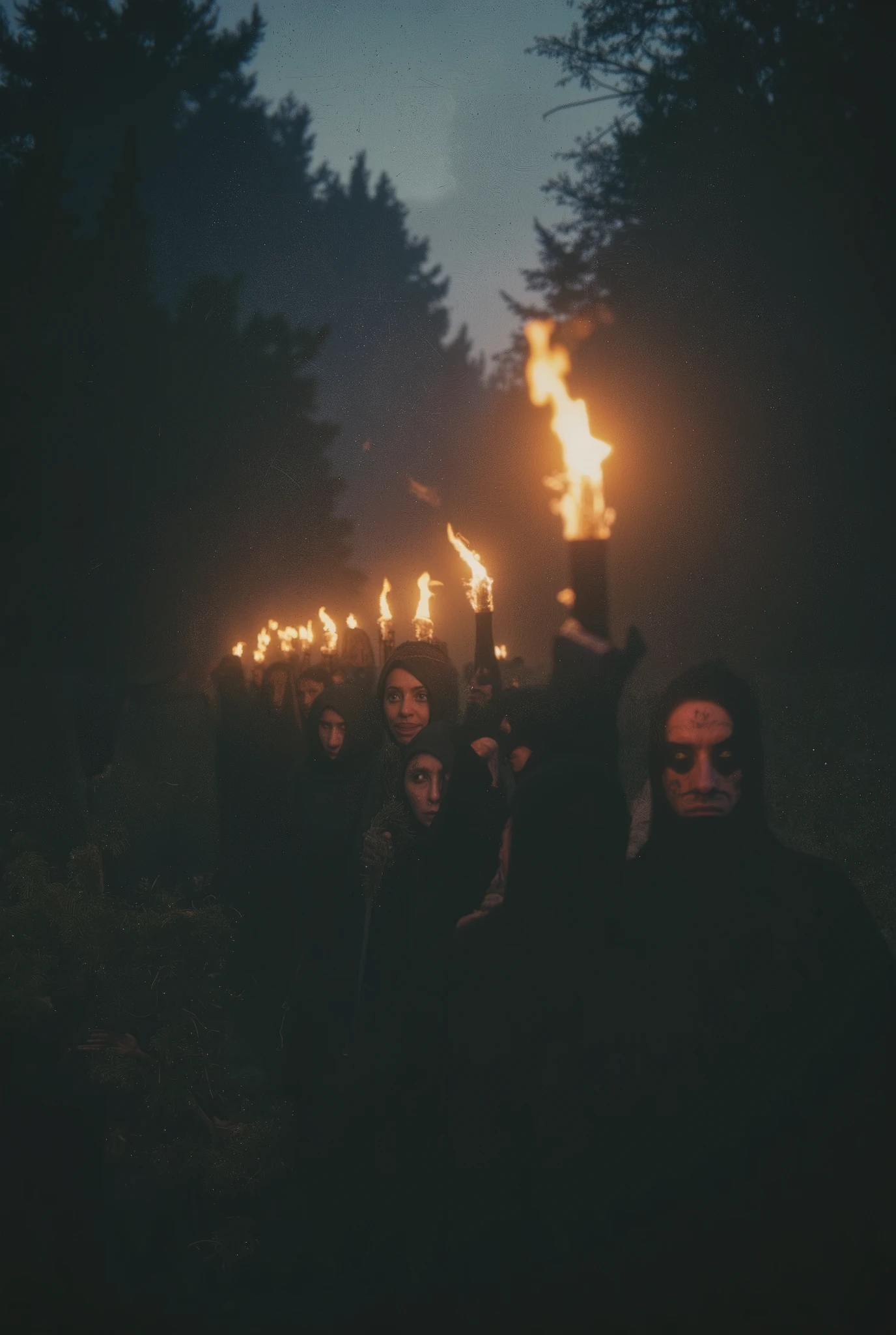 An endless procession of shadow-wrapped pilgrims walking backwards into the darkness of Zugarramurdi, each carrying a flame that does not burn, followed by silent ren with stitched eyes. Hyperrealist, Cinematográfico.