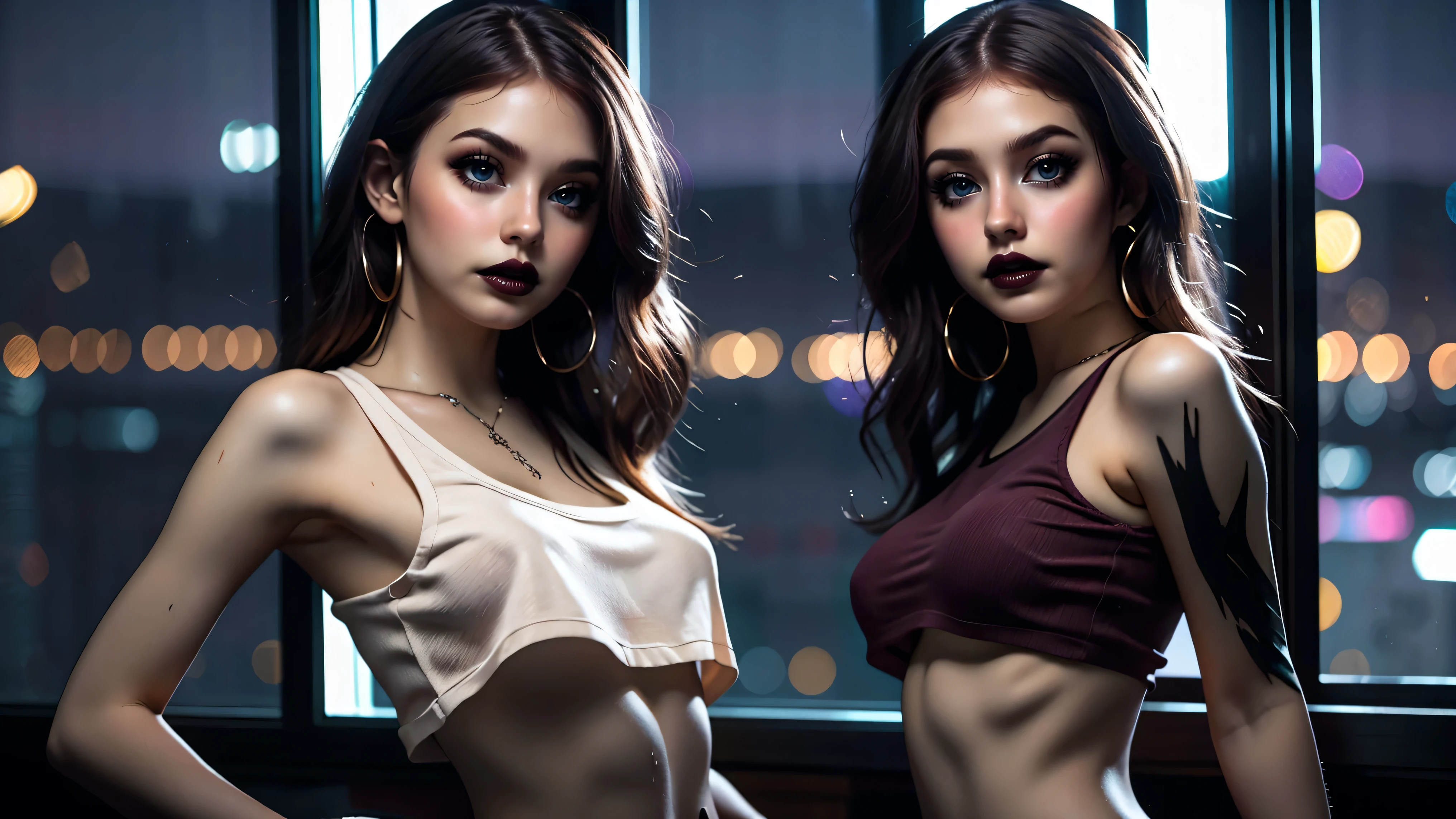 1girl, solo, (skinny body : 1.2), 18 year old, young, (standing in front of a large window in a penthouse with a beautiful night view of the city lights below), dimly lit, room, romantic lighting, (medium breasts), round breasts, very sexy, flat abs, long hair with bangs, wearing glasses, crop top, ((underboob)), hard nipples, shiny lips, wet lips, Beautiful eyes, large eyes, full body portrait, bokeh, vibrant colors,