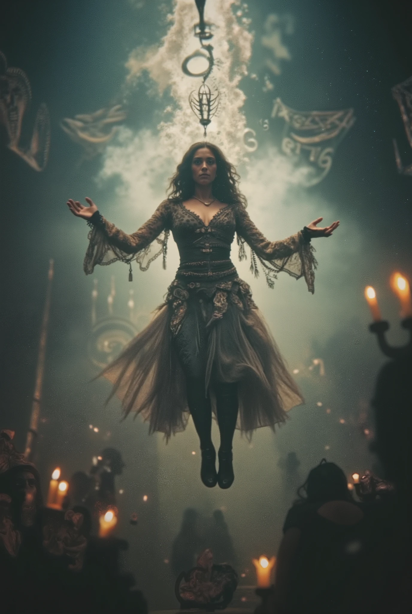 An inverted sacrifice: a woman floats midair, blood running upward, her body unraveling into ancient runes, as a choir of unborn voices hums a melody that predates sound itself. CINEMATIC.
