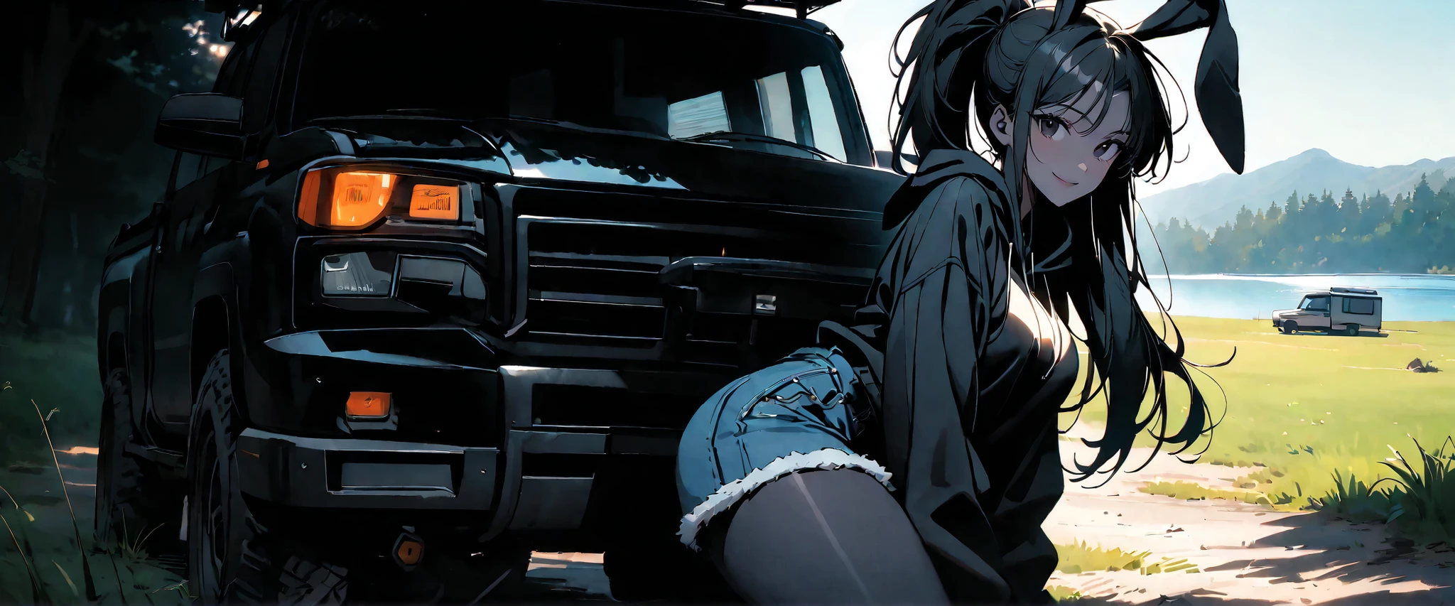 solo, female, tomboy, rabbit girl, black skin, long hair, ponytail, black hair, bright black eyes, oversized hoodie, denim shorts, close up, shapely thighs, tall, curvaceous legs, broad shoulders, close up, fun, bunny ears, huge rabbit ears, black fur, large breasts, looking at viewer, fluffy denim shorts, wide smile, slim, warm light, black fur, POV, outdoors, lakeside, sunny, grass, camping, ground vehicle, pickup truck, 1990s truck