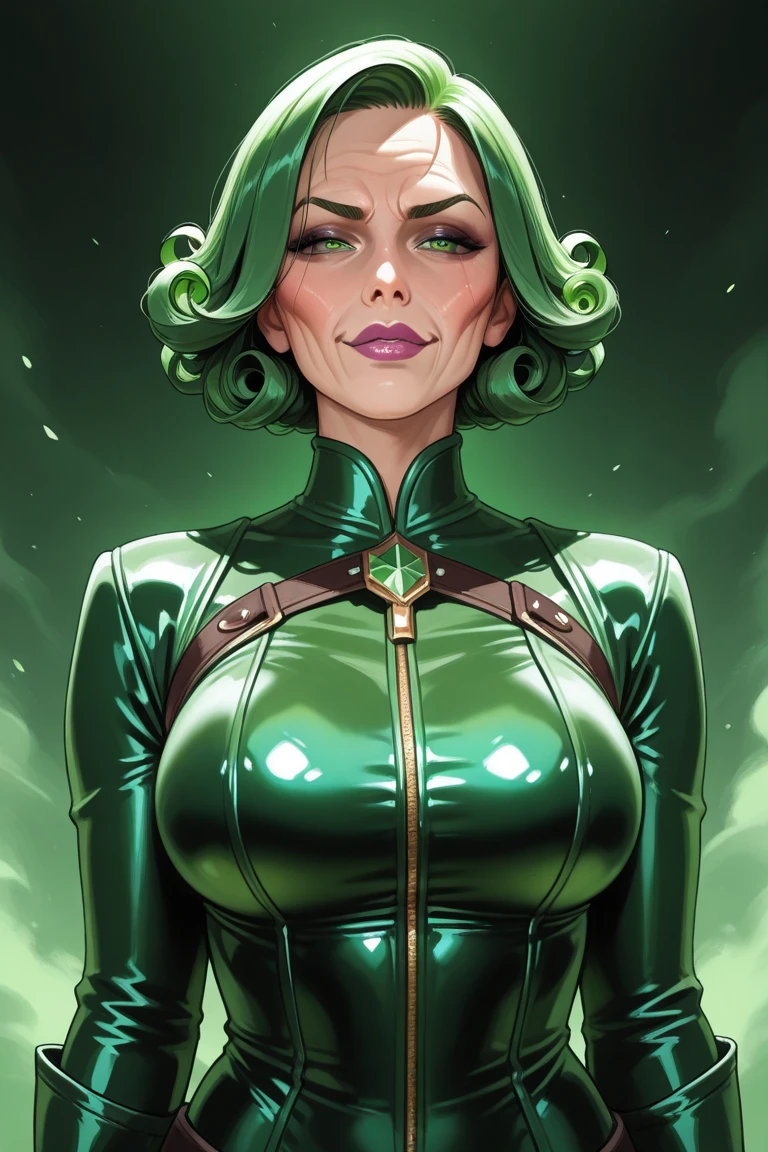 women, White bob Haircut, White blunt,violet sunglasses, green shoulder polster,Green latex bodysuit, Green latex Corset, big breast,gold cocker,Gold beld with gold Holster, green white Jeans, black long boots, standing