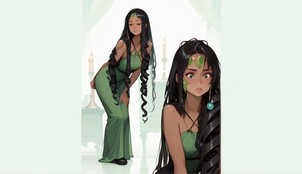 masterpiece:1.6, best quality:1.4, real picture:1.2, intricate details:1.2, charturnerv2:1.2, full body character turnaround of 1lady, Appearance: milf:1.25, slender:1.3, green eyes, medium breasts, flat chest, sharp eyes, cleavage, curvy Clothing: green maxi dress, Accessories: golden ring, simple hoop earrings, shell necklace, hair bow, hair ornament, Hair: long black hair, messy hair, Makeup: natural, glowing skin, (simple background, white background:1.3), multiple views, Multiple views of the same character in the same outfit:1.3.