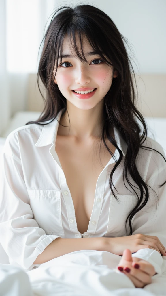 Ulzzang-6500-v1.1, (RAW Photos:1.2), (Realistic:1.4), Beautiful detailed girl, Very detailed eyes and face, Beautiful fine details, File size is big, (big), High resolution, Very detailed, highest quality, [masterpiece:1.6], [JK Uniform], figure, Very detailed, CG, The finer details, highest quality, Highly detailed CG uniform 8K wallpaper, Cinema Lighting, 1 girl, Cute Japanese , Perfect figure, [unbuttoned white school blouse], Large, firm breasts, [Huge breasts, Heavy chest: 1.6], Cute droopy eyes, Beautiful big eyes, , Sweaty and wet, [sexual excitement: 1.1], [sexual excitement: 1.1] Lying in bed: 1.5], Raise your hand,  Ribbon on neck, smile, (My whole body is wet), Shining Eyes,No fabric in the chest area、(((Exposed breasts))) ,(((Nipples exposed))),Both breasts are visible、The whole body is shown