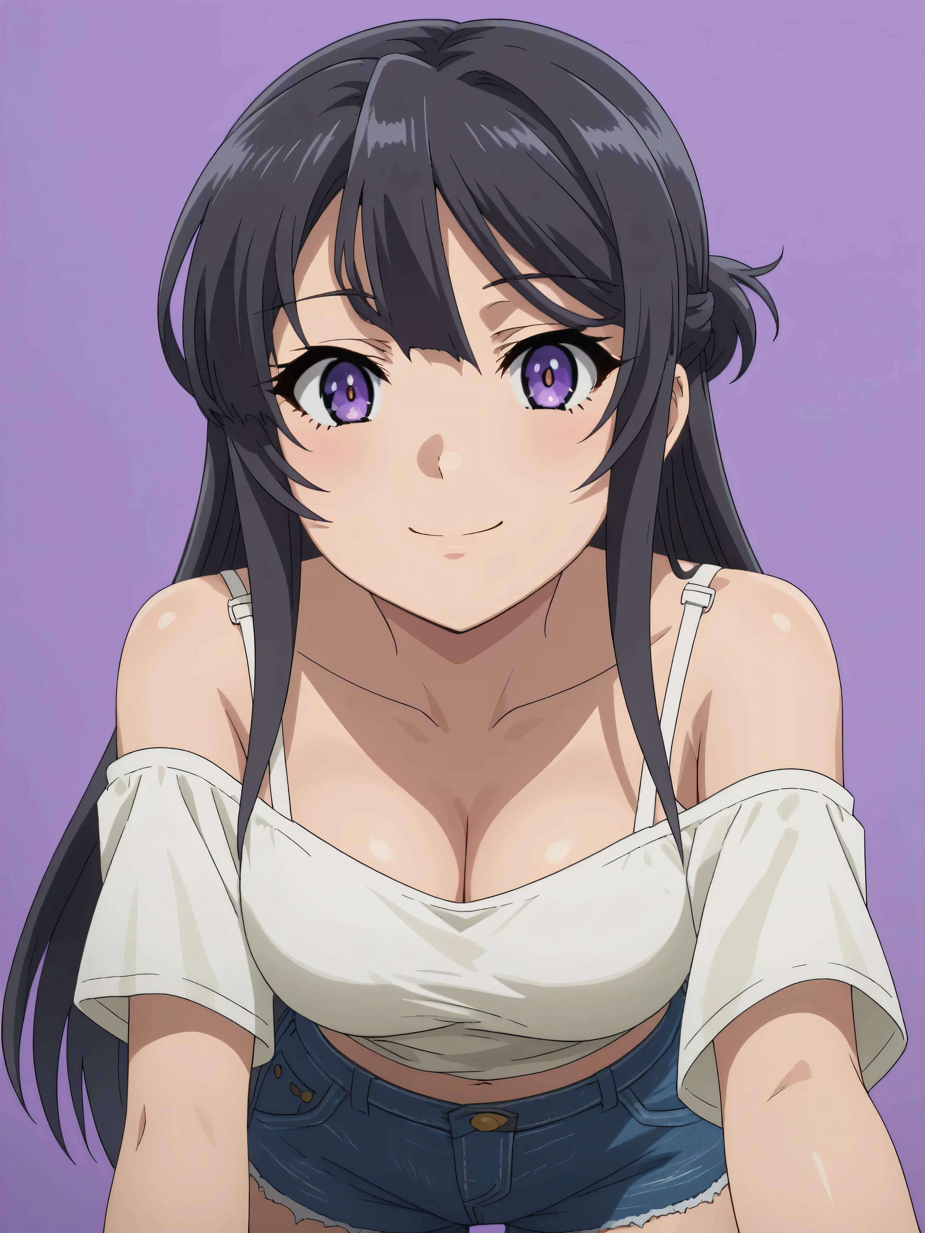 score_7_up, anime screencap, anime coloring,
1girl,
long hair, black hair, hair between eyes, multicolored eyes, half updo, standing, body facing away,looking at viewer, cowboy shot, blurry background, simple background, purple background, cleavage, siple backgoround, purple background, low angle view, jean shorts, white top, simple background, purpke background, off shoulder, bent over forward, smile selfie, ((close up view)),

mai sakurajima, 