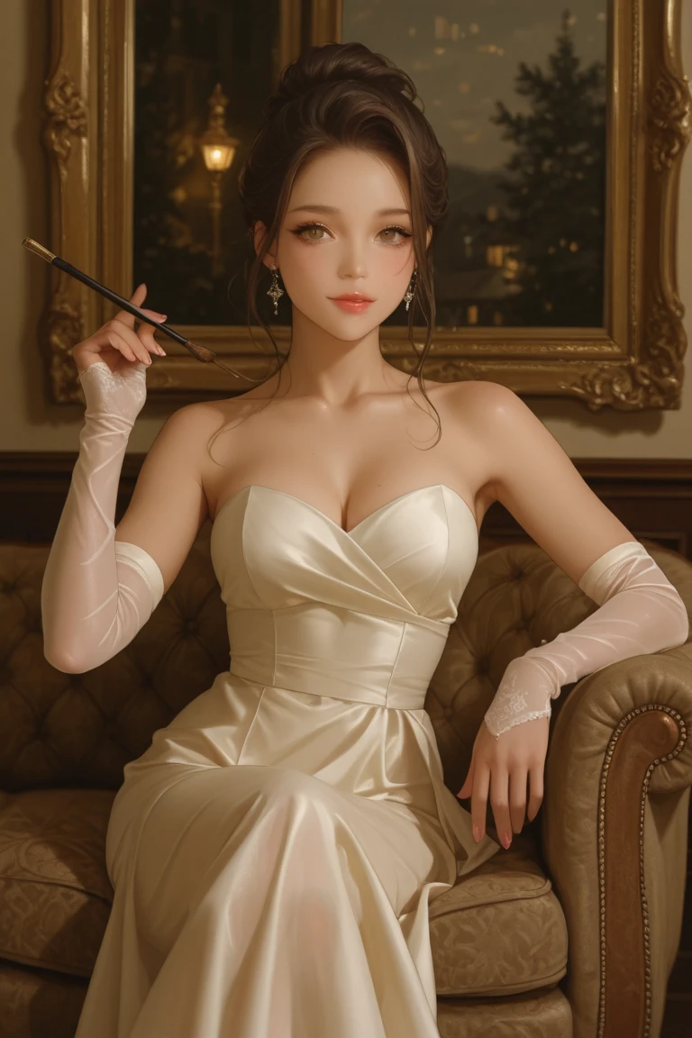 A lady with extraordinary temperament, she stands in a modern indoor space, as if she is a model from a fashion magazine. She is wearing a (pure white long fur cape), the softness and luster of which makes her look more noble under the light, and complements her (beige dress) underneath, showing her gentle temperament while maintaining a sense of fashion. The style of the dress is simple and generous, a perfect match, and it lengthens her figure, making her tall and charming. The lady's makeup is delicate and elegant, which just highlights her facial features and makes people unforgettable at first sight. Although the earrings and necklace she wears are not ostentatious, they add a bit of sophistication and nobility to her overall look. Her hair is casually draped over her shoulders, and every strand of hair exudes a natural luster,, (best quality,8k,highres,masterpiece:1.2),ultra-detailed,(realistic,photorealistic,photo-realistic:1.37),studio lighting,ultra-fine painting,sharp focus,physically-based rendering,extreme detail description,professional,vivid colors