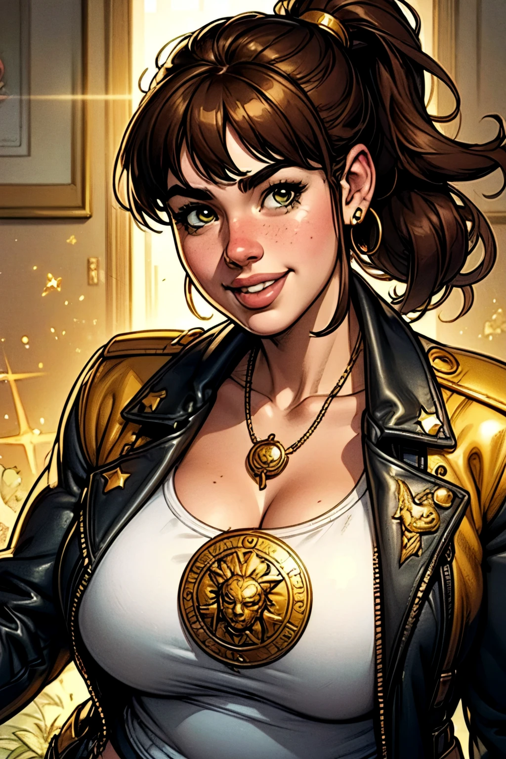  ABSURD QUALITY.    natural lighting   .  Hyperrealism .        fantastic comic book style illustration   . A plus-size girl , chubby,  brown hair with bangs and ponytail. funny smile. Wear a black leather jacket with gold stars on the shoulders over a white t-shirt.  Wear a gold medallion with zodiac symbols around the neck .   huge natural breasts. Surrounded by an Aura of Golden Light, superpowers, action scene. exuberante. carefree. Com atitude          . sedutor. Close UP.