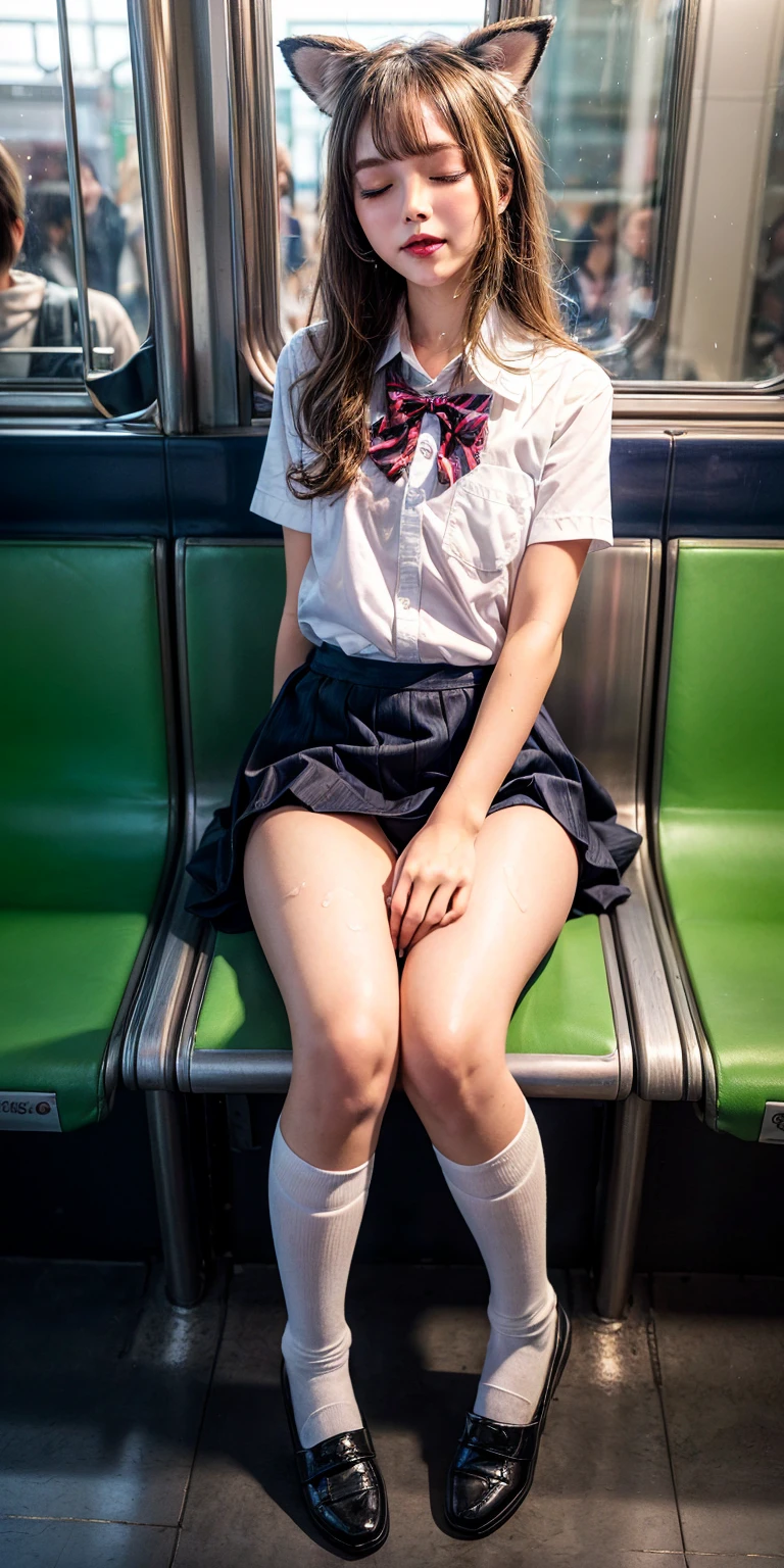Low angle shot, Alafed asian woman in short skirt and bow tie sitting on train, cute schoolgirl, Japan schoolgirl uniform, wearing Japan school uniform, wearing Japan school uniform, surreal high school girl, surreal high school girl, surreal high school girl, girl in uniform, girl in uniform, girl in school uniform, school girl posing, full body, lovely skin, glowing skin, nice thighs, shining thighs, shining legs, (8k, RAW photos, top quality, masterpiece: 1.2),