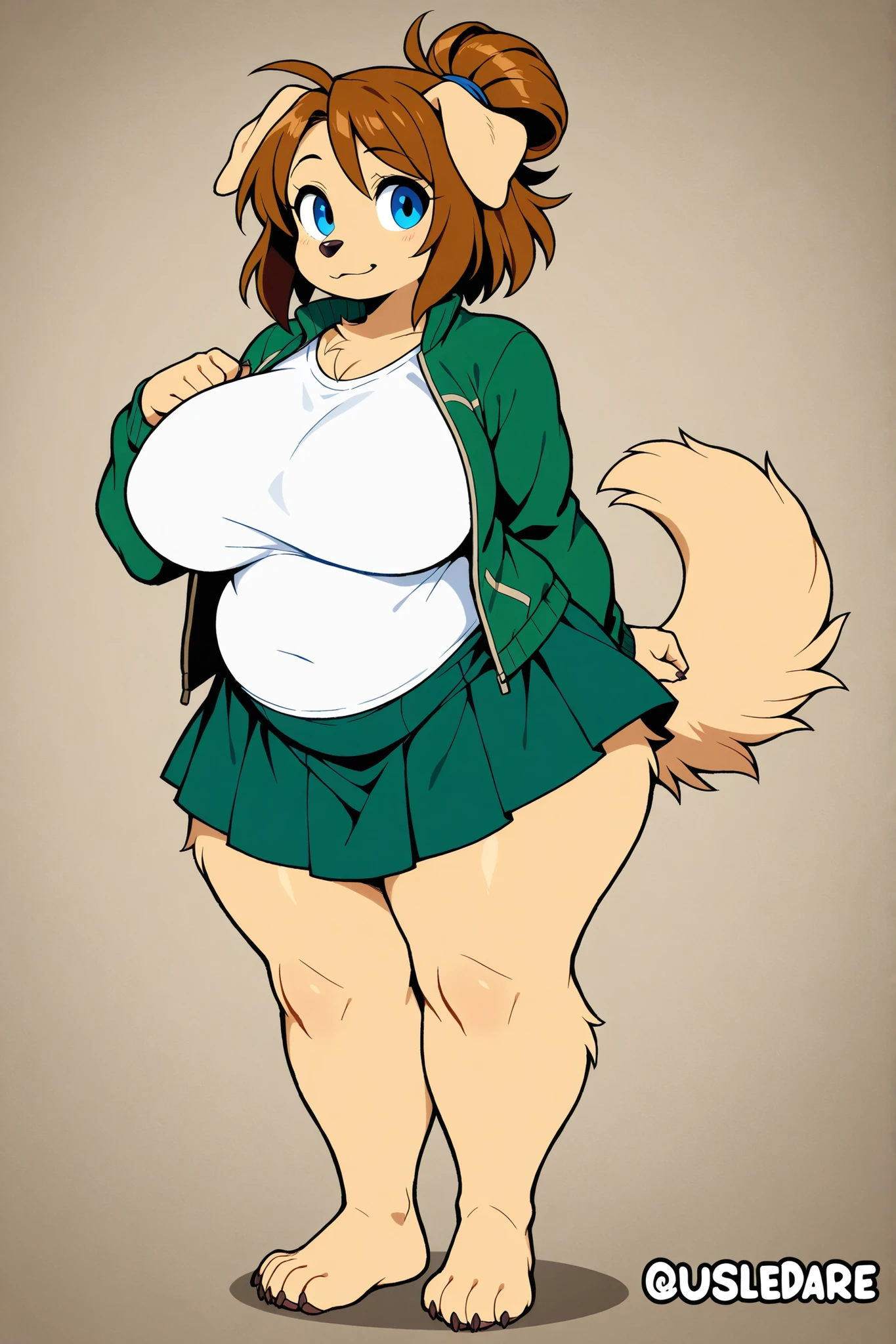 beige retriever dog, dog girl, female focus, furry, belly, fat body, big breasts, Long brown hair tied, blue eyes, white t-shirt, green skirt, green jacket, full body