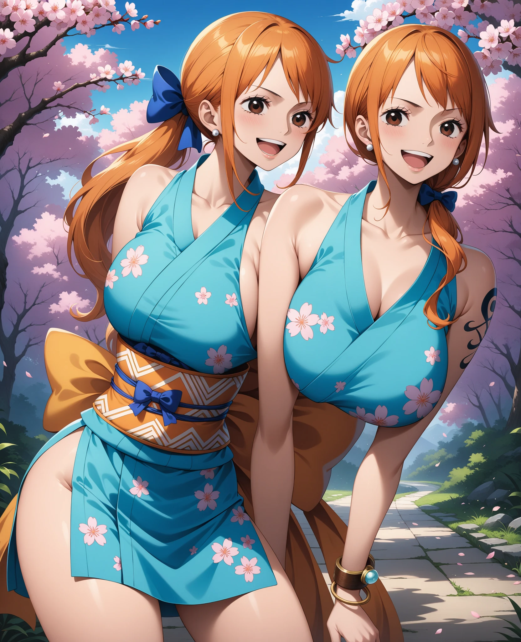 masterpiece, Highest quality, High resolution, we (one piece), Long Hair, Orange Hair, Low Ponytail, Hair Ribbon, Blue Ribbon, Brown eyes, clavicle, Cleavage, Short kimono, Blue kimono, No sleeve, bare hands, bracelet, sash, heart, Are standing, Cowboy Shot, Defiant pose, Beach mood, Beautiful beaches, smile,(((nsfw,Half naked,Nipples,Bukkake,Full of love juice,Spread your legs,Ahegao)))