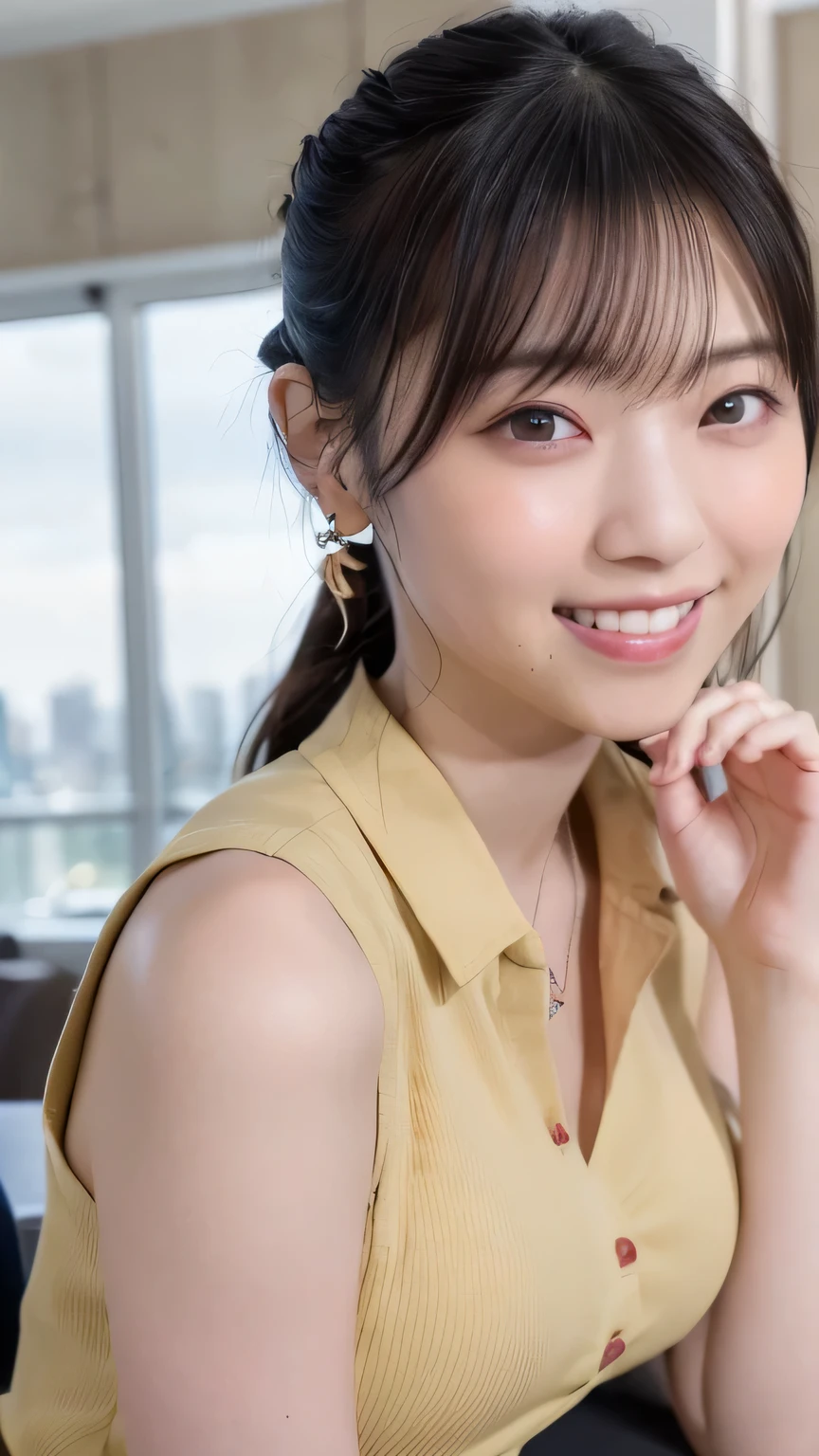 1 Japanese beauty , depth off field, first-person view, f/1.8, 135mm, Nikon, 超high definition, retina, masterpiece, accurate, anatomically correct, textured skin,Very white skin、 clear skin 、 Super Detail, high detail, high quality, Best Quality, high definition, 1080P, high definition, 8k, (big boob:1.2), (cleavage of boob:1.2)、Japanese beauty 1 person, (Big round eyes:1.4).(she has heterochromia, and her eyes are different colors, which makes her incredibly captivating)、(Drunken Blush Makeup)、round face、She is smiling very happily、INSANELY BEST SMILE、is smiling with her mouth open、Her front teeth are neatly arranged、cute little vampire fangs、(Braided Top Knot,twisted side part ponytail、Braided Headband,half up、Braided Space Bang,voluminous fishtail braid,Twisty Bang)、(She's wearing a sleeveless blouse(beige))、office at sunset、She is sitting in a window seat、I can see a skyscraper city out the window