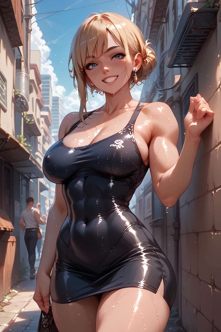 (((Colossal tits))) (((Huge ass))) Beautiful and cute woman with blonde hair and hazel eyes, Wearing only a mini-bra and black miniskirt, short purple hair, Smiling, in street, (skinny), (Slim and thick), (Small waist), (bare butts), 8K