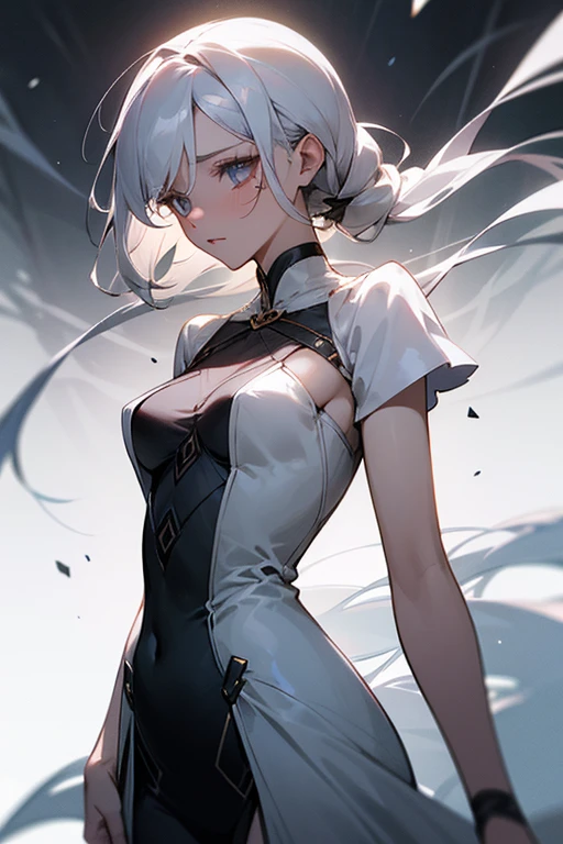 ((White hair)),((Head and Shoulders Image)),(super-long hair),Sexy,A person,Alone,Simple style,pancake ,Simple details,Black background,Empty background,Black background wall,(20 year old woman),(Cotehardie),(White Gloves),Lace Shirt,Waistcoat,(Pray)
