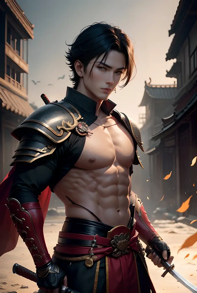 (absurdres, highres, ultra detailed, HDR), masterpiece, intricate details, best quality close-up picture of a character from fire emblem, a character with handsome looks, korean face, original hair, short hair, anime green eyes, smirking face, matured , tim Burton theme, topless outfit showing chest, crop top, detailed underworld town setting background, big moon scenery, detailed character, art kenouji