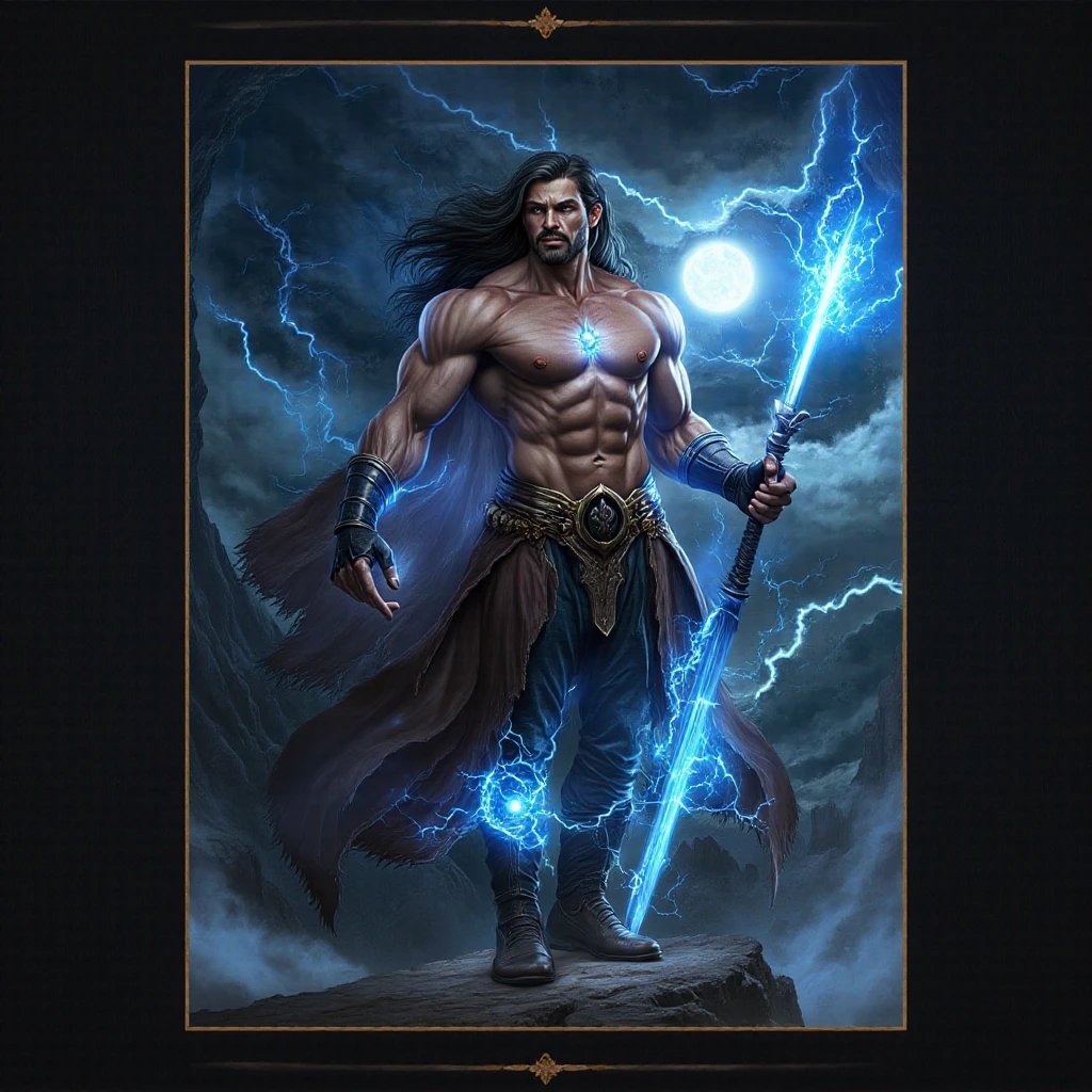 League of Legends character with goatee with lightning magic in 4K muscular scene and short social hair
