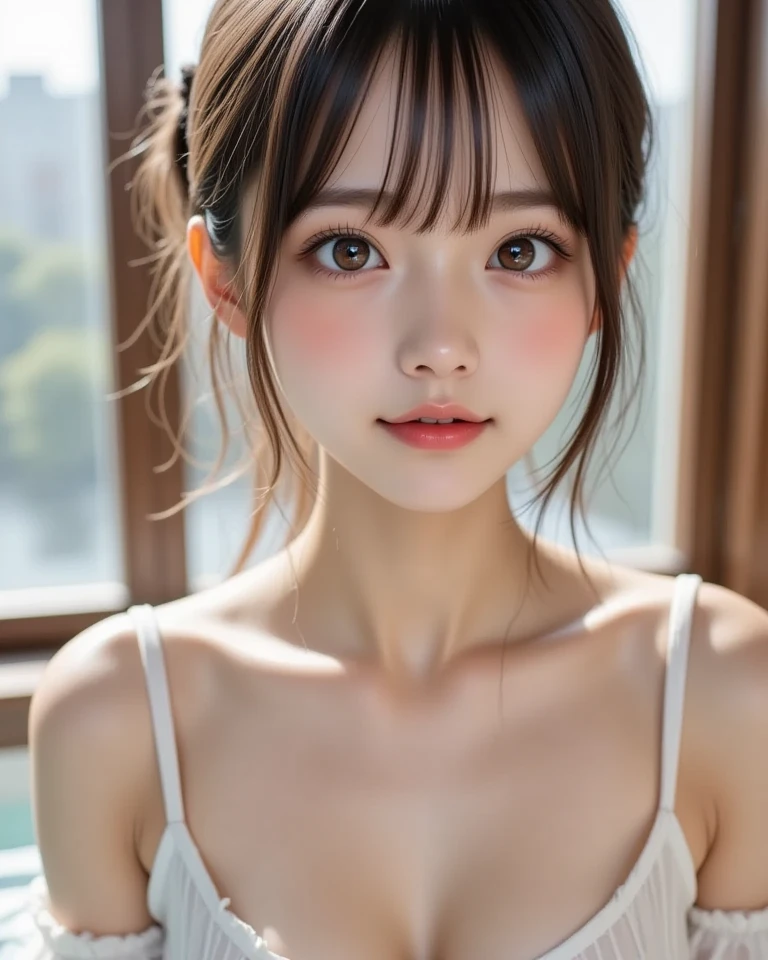 Innocent 20 year old girl、((Maids, A dark-haired, ,pinafore, Maid headdress, Single hair bun, Hair buns, maid apronl, Dramatic poses)),Smile,Sandy beach background,short-cut、Raw photo, (8K、top-quality、masterpiece:1.2)、(intricate detailes:1.4)、(Photorealsitic:1.4)、octane renderings、Complex 3D rendering ultra detail, Studio Soft Light, Rim Lights, vibrant detail, super detailing, realistic skin textures, Detail Face, Beautiful detail eyes, Very detailed CG Unity 16k wallpaper, make - up, (detailedbackground:1.2), shinny skin, Full body,Hands down、Be undress、cleavage of the breast、spreading legs、