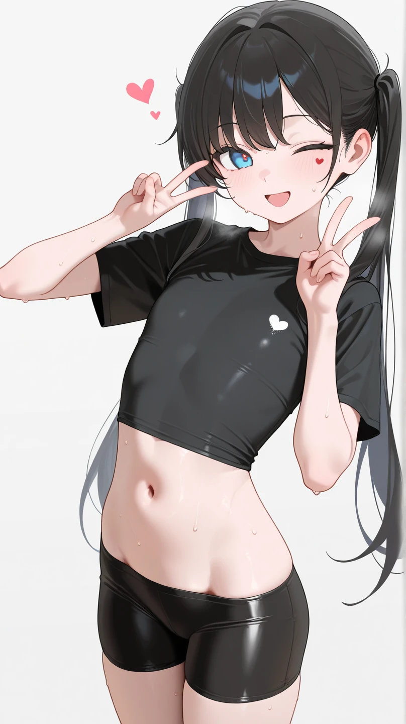 (masterpiece, best quality), (Very detailed CG unit 8k wallpaper), (Best light and shadow), (Detailed face, Exquisite body), (1 girl,alone), (long black hair,Straight Hair,Air bangs), (innocent aqua blue eyes, like a gem), (Medium large, White skin), (Wearing a close-fitting white shirt, and white panties, Show your thighs), (Has black devil horns and devil tail), (front, Stand upright, Put your hands behind your back), (The expression looks a little shy, but with a smile), (simple light black background)