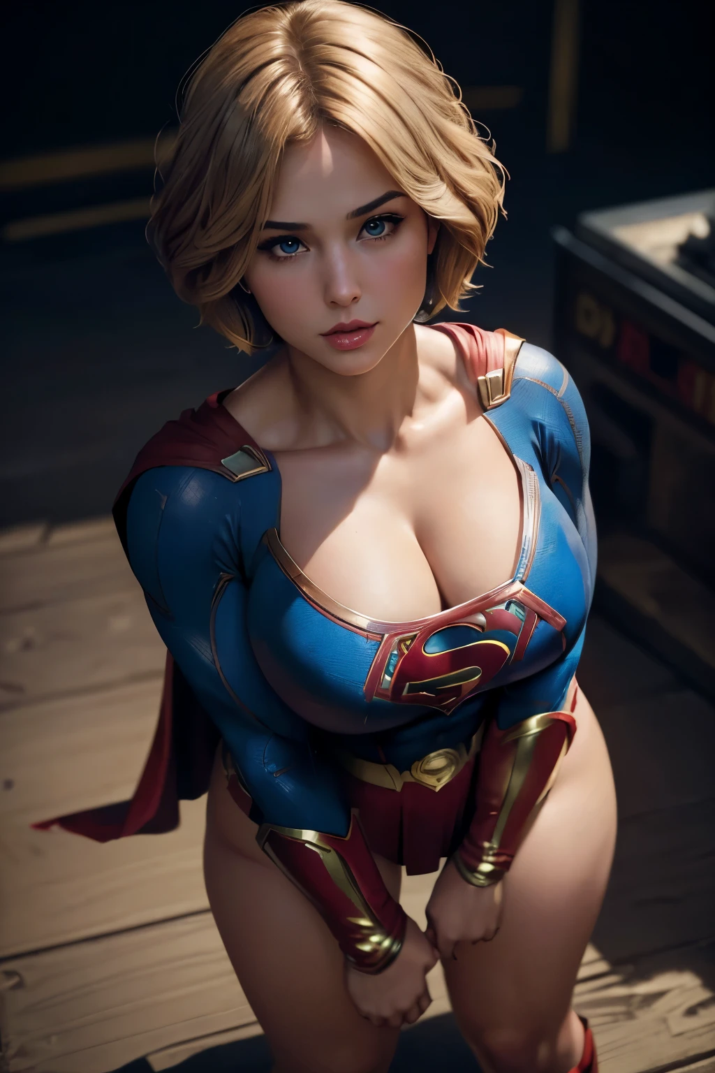 masterpiece、Short-haired Supergirl lying in the rubble、Tattered costume、large full breasts、Looking at the camera、Glossy costume、Crotch、wounded、Sand stains、Covered with lotion、Exhausted、cum on、bare-legged