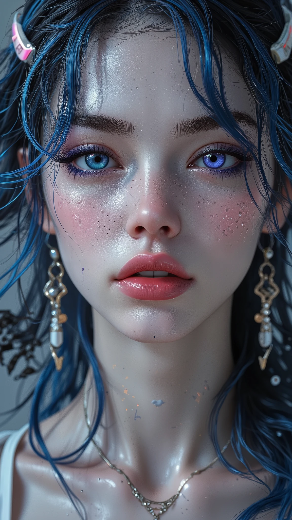 [Style: "masterpiece, realistic (Photorealistic realism), Hyper high resolution, (ultra quality, intricately detailed digital art), focus on extremely Realistic Proportion Body"] (Key Directive: "Prioritize anatomical accuracy and material textures") {Character: " white female" | Face: "symmetrical, pale skin, full lips" | Eyes: "((sharp focus, violet eyes, Hyper absurd quality, Hyper details, Hyper realistic green eyes:1.4))" - "((extra narrow eyebrows))" - "(Carefully draw Long blue_mascara:1.12)" - "(perfect round eyes)" | Makeup: "detailed lips:1.3 (apply glossy red_lipstick:1.3)" | Hair: "waist-length blue curly (setting light reflections: 0.5)" | POV: "((first person view))" | "((first person shooting position))" - "hold a Custom Railgun in hends" Weapon: "Custom Railgun (StatTrak™ module)" Environment: "unknown planet in an alien galaxy (unknown species of vegetation, animals), day" | Lighting: "(Cinematic clarity and global illumination)" - "aim at the target and shoot'' - ''Muzzle flash from rifle (temporarily illuminates face)" "((background – clear and sharp human-like large black alien, ("chaos and terror"))) (Rendering engine: "Unreal Engine 5 path tracing, 16K texture maps")} Realistic shaded lighting poster by Ilya Kuvshinov Katsuhiro, Magali Villeneuve, Artgerm, Jeremy Lipkin e Michael Garmash, Rob Rey e Kentaro Miura style, trending on art station.