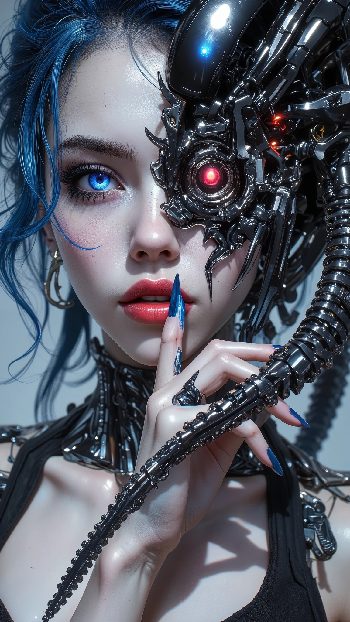 [Style: "masterpiece, realistic (Photorealistic realism), Hyper high resolution, (ultra quality, intricately detailed digital art), focus on extremely Realistic Proportion Body"] (Key Directive: "Prioritize anatomical accuracy and material textures") {Character: " white female" | Face: "symmetrical, pale skin, full lips" | Eyes: "((sharp focus, violet eyes, Hyper absurd quality, Hyper details, Hyper realistic green eyes:1.4))" - "((extra narrow eyebrows))" - "(Carefully draw Long blue_mascara:1.12)" - "(perfect round eyes)" | Makeup: "detailed lips:1.3 (apply glossy red_lipstick:1.3)" | Hair: "waist-length blue curly (setting light reflections: 0.5)" | POV: "((first person view))" | "((first person shooting position))" - "hold a Custom Railgun in hends" Weapon: "Custom Railgun (StatTrak™ module)" Environment: "unknown planet in an alien galaxy (unknown species of vegetation, animals), day" | Lighting: "(Cinematic clarity and global illumination)" - "aim at the target and shoot'' - ''Muzzle flash from rifle (temporarily illuminates face)" "((background – clear and sharp human-like large black alien, ("chaos and terror"))) (Rendering engine: "Unreal Engine 5 path tracing, 16K texture maps")} Realistic shaded lighting poster by Ilya Kuvshinov Katsuhiro, Magali Villeneuve, Artgerm, Jeremy Lipkin e Michael Garmash, Rob Rey e Kentaro Miura style, trending on art station.