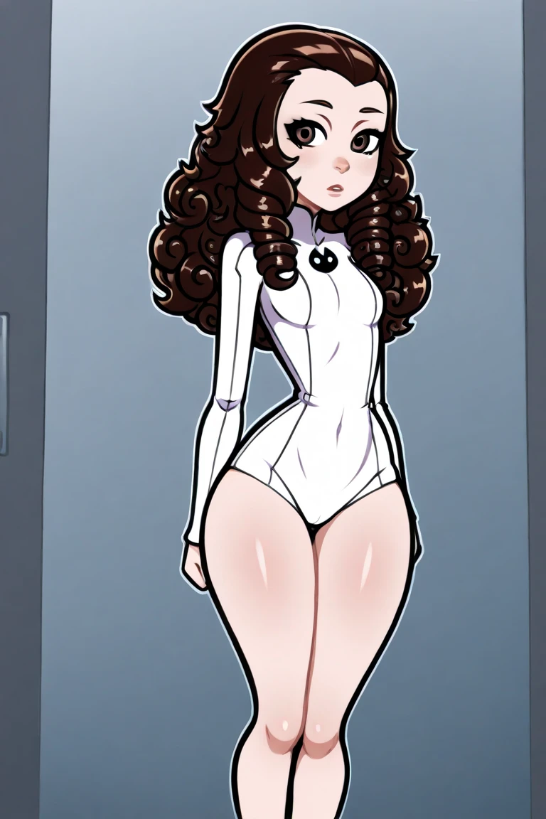 perfect anime illustration, 17 year old girls, medium breasts, 2girls, (1 blonde girl, 1 brown haired girl), twin sisters, brown hair, blonde hair, curly hair, long hair, different hair colors, hazel eyes, smiling, white skin, white leotard, long white gloves, white thigh high socks, high heeled boots, matching outfits, highres, bedroom, full body