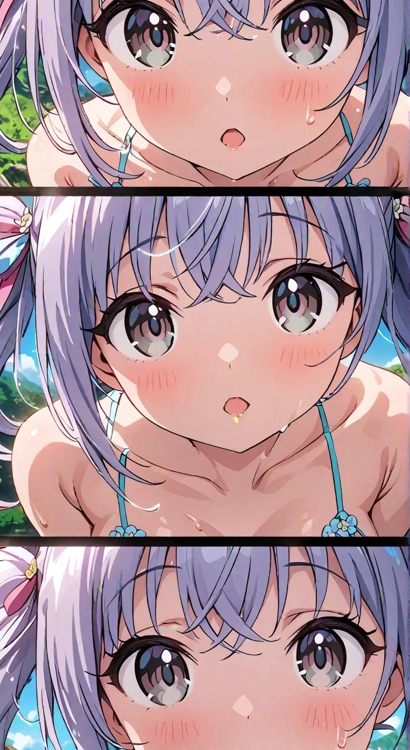 nsfw, (((female child))), 8 years old, Yellow eyes, pink hair, twin braids, baby face, ((torogao)), Naked, steam, 1 guy, ((deepthroat)), oral,(cum in throat), Public toilet, Expressive eyes, perfect face, best quality, face focus, 16k